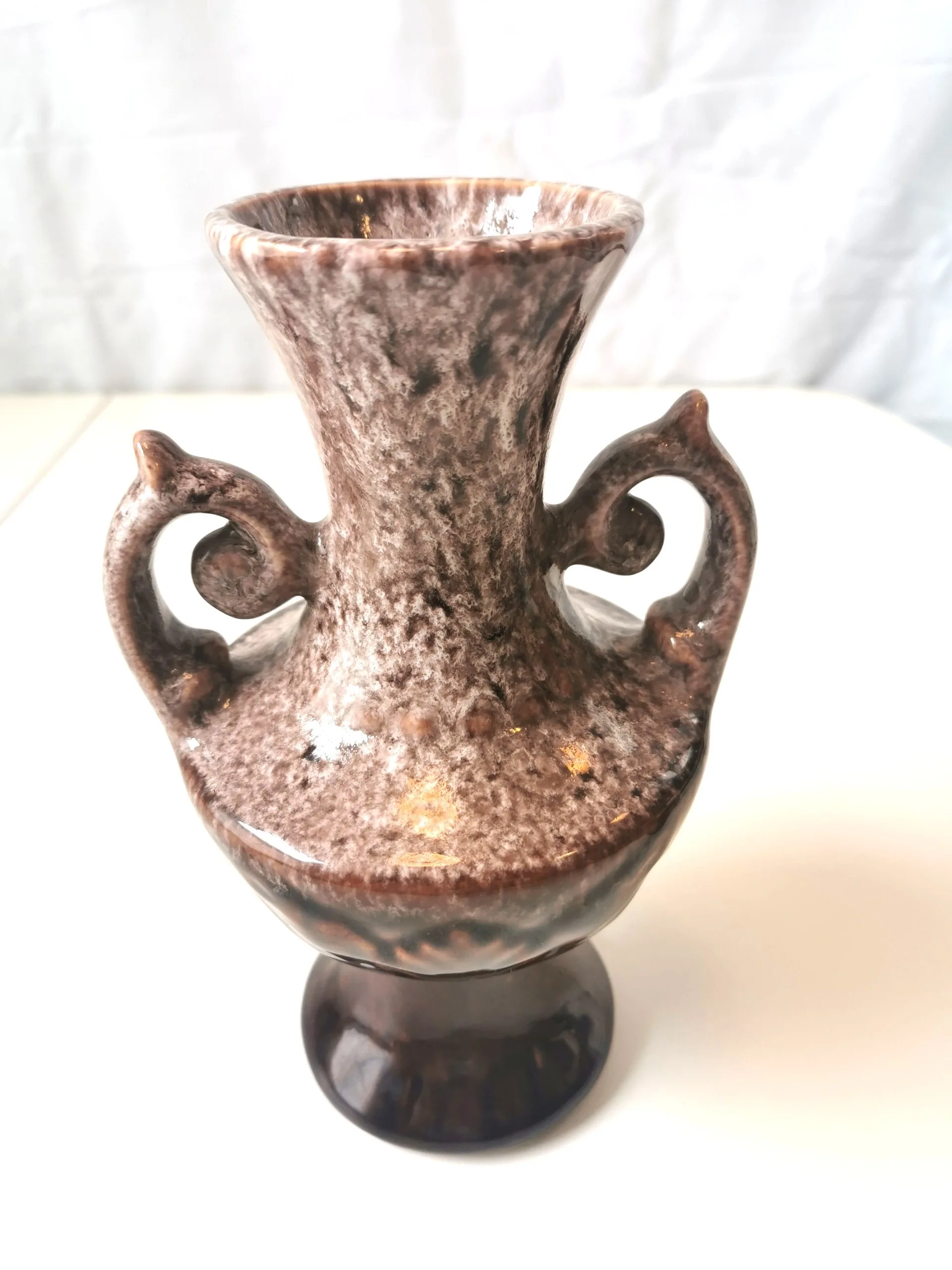 Vase Ceramic Brown Wite Drip Glaze MCM Ornate Double Handle 1960 image indicator(9)