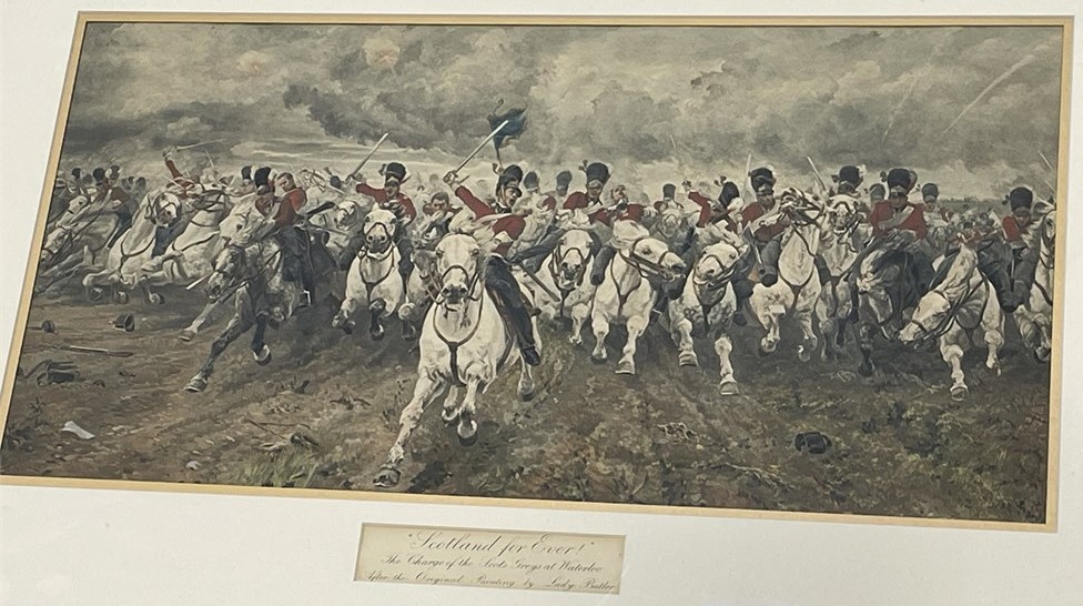 3 Antique Lady Butler Military Lithographs – Waterloo & Crimea - photo 4