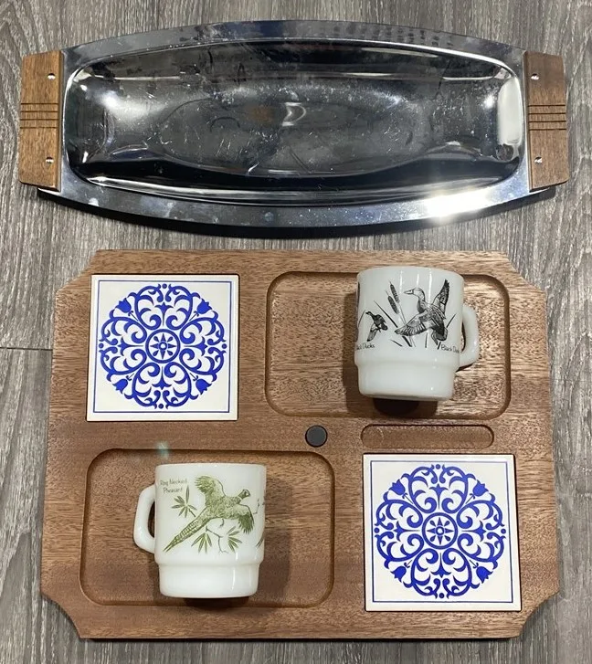 MCM Mid Century Teak Tray + Fire-King Mugs + Kromex Tray thumbnail