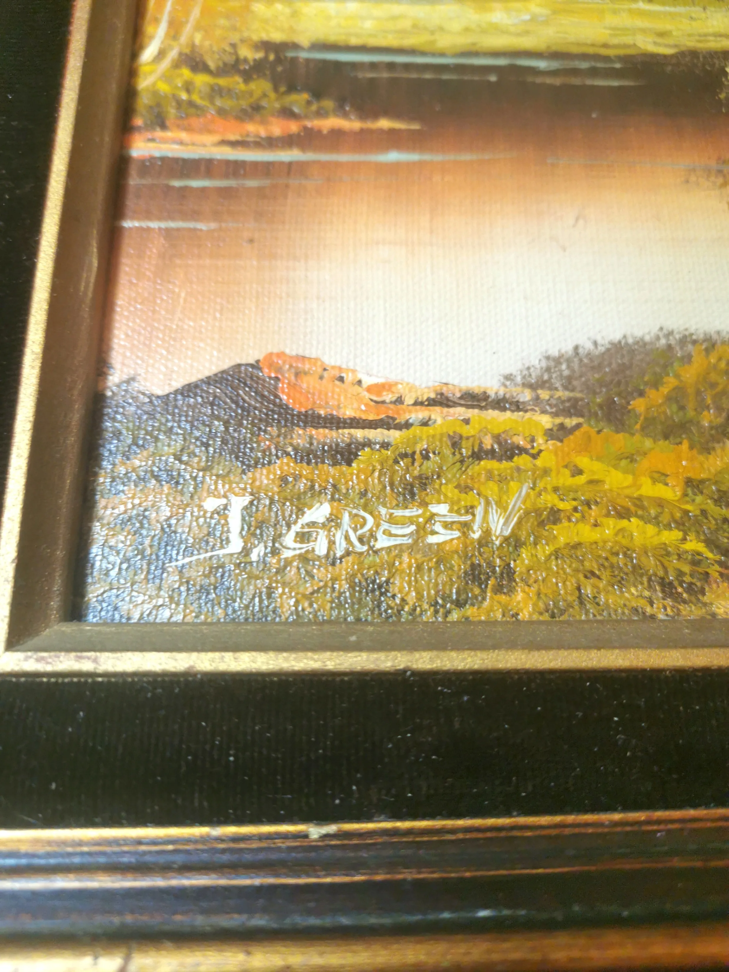Oil Painting Signed J Green Guilded Wood Frame Black Velvet Trim image indicator(3)