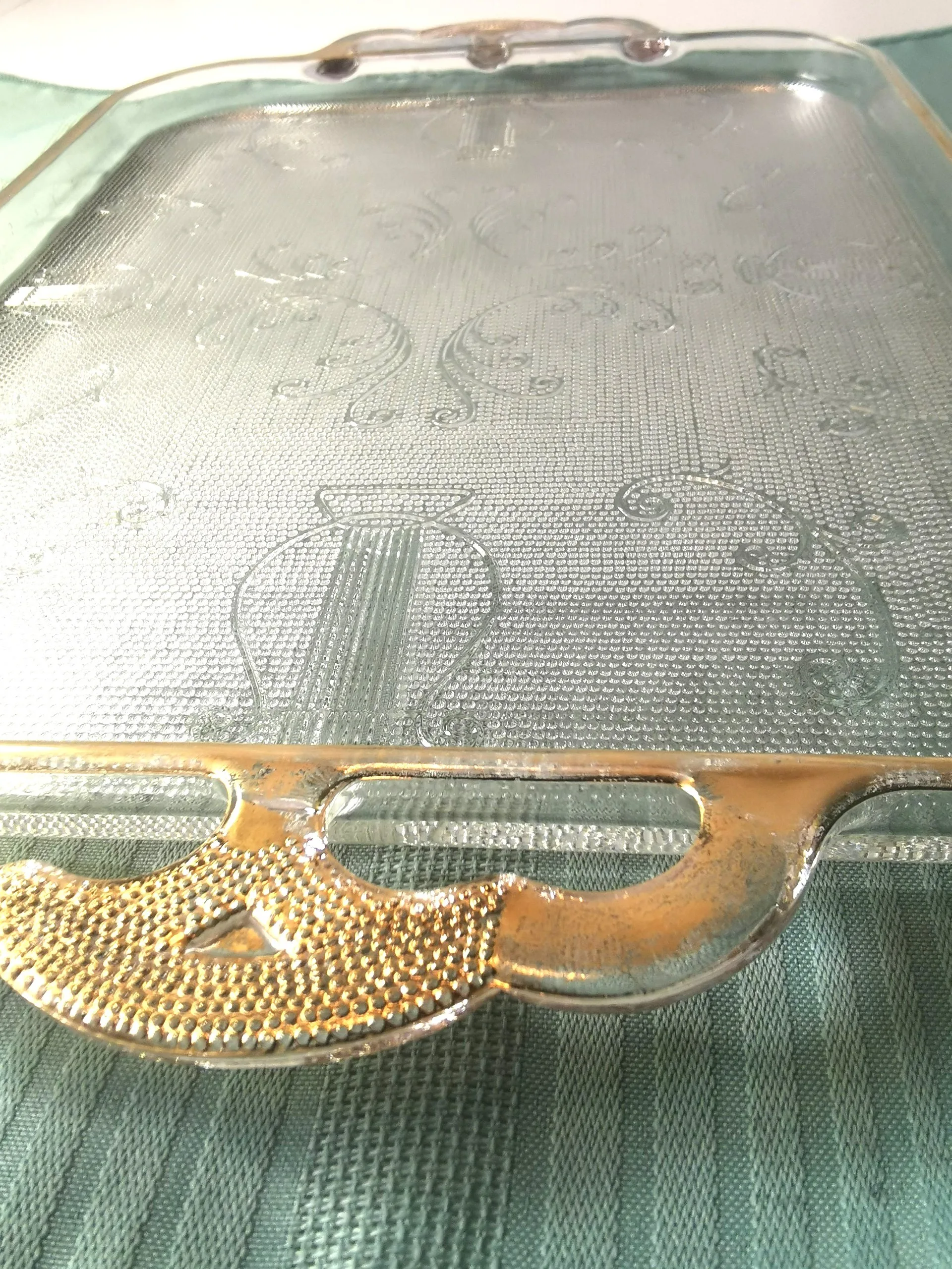 Jeannette Glass Tray Harp Texture Pressed Glass Gold Tinted Trim image indicator(10)