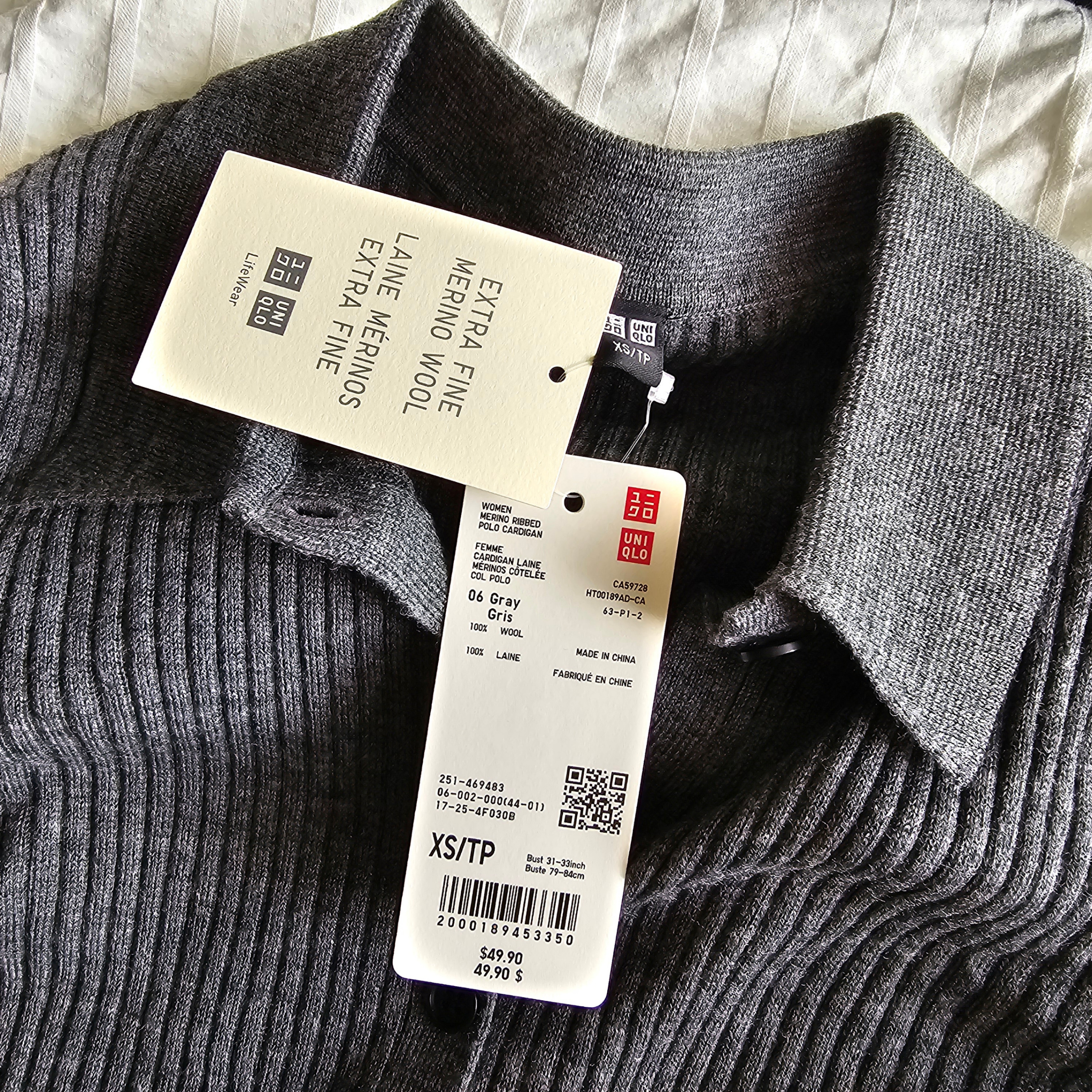 NWT Uniqlo Merino Wool Ribbed Polo Cardigan - Gray - Sz XS - photo 4