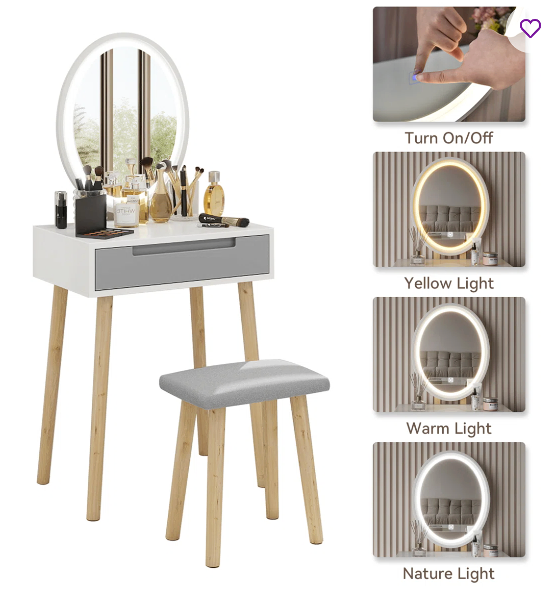 Vanity Table Set with Adjustable Brightness Mirror and Stool - photo 4
