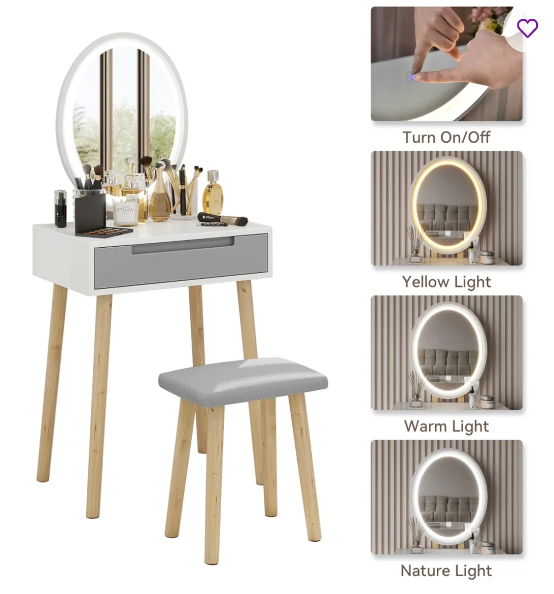 Vanity Table Set with Adjustable Brightness Mirror and Stool image indicator(4)