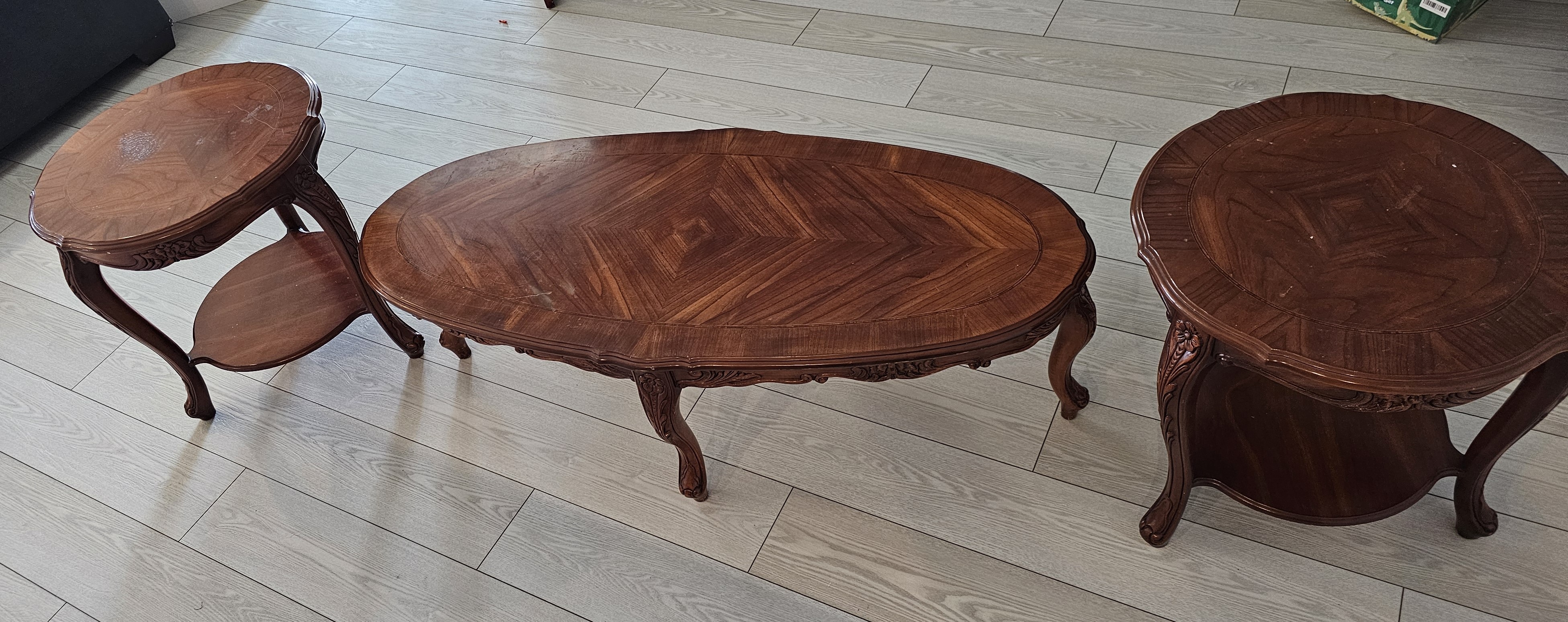 Vintage Style Teapoy Table with 2 Side Tables (Coffee Table Set)