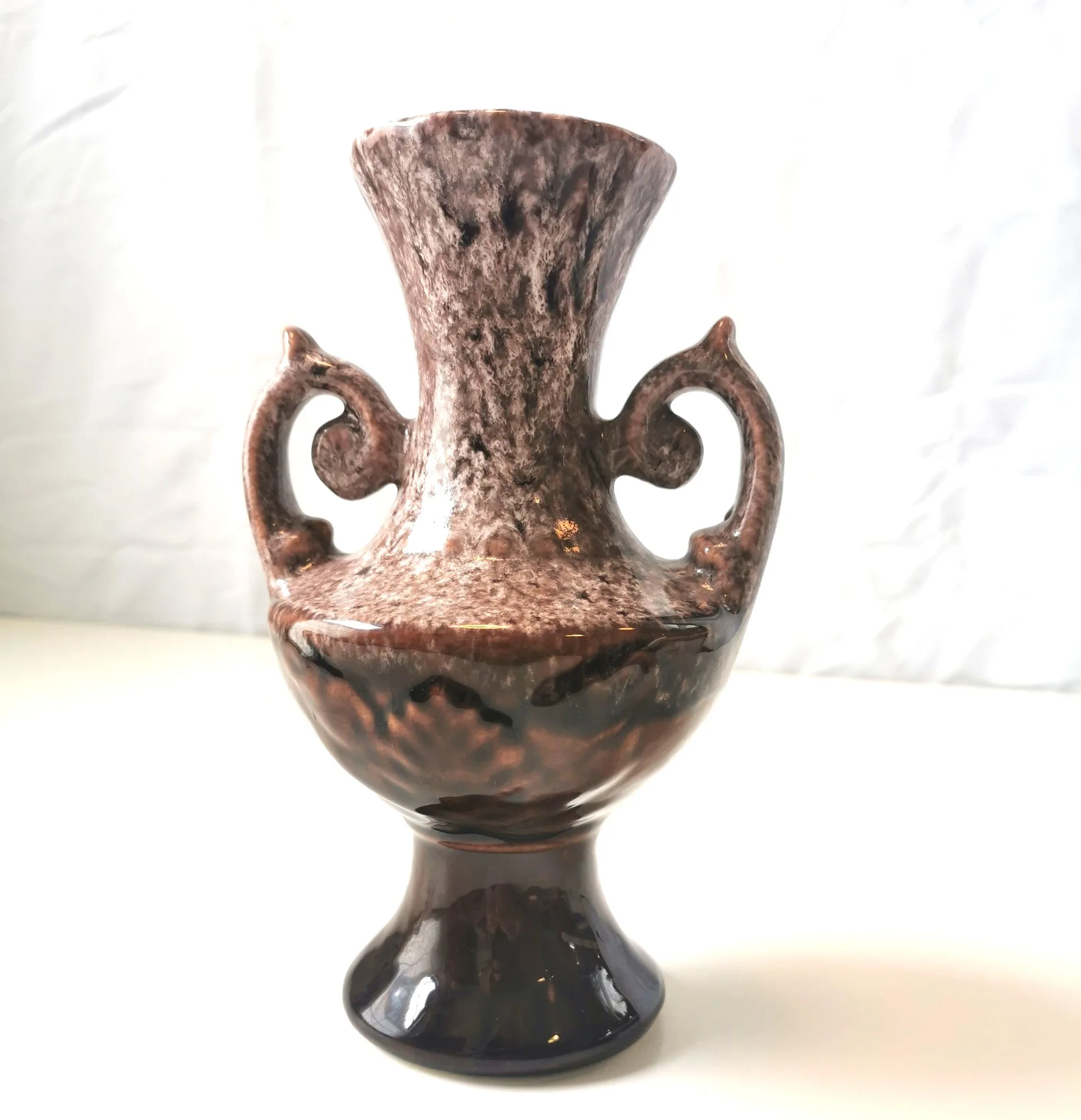 Vase Ceramic Brown Wite Drip Glaze MCM Ornate Double Handle 1960 image indicator(7)