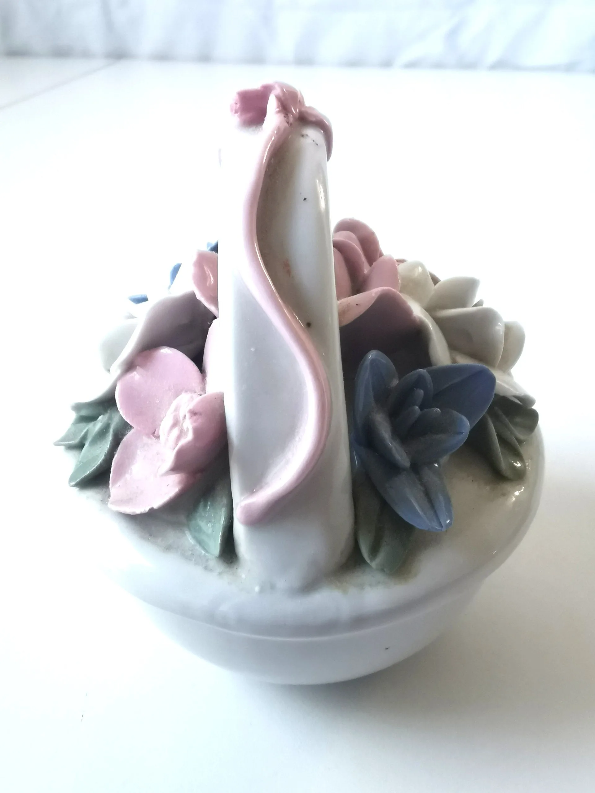Small Vintage Porcelain Flower Basket Pink Blue White Flowers image indicator(2)