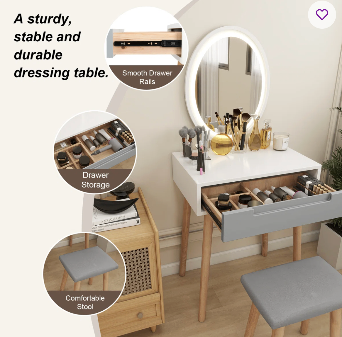 Vanity Table Set with Adjustable Brightness Mirror and Stool - photo 5