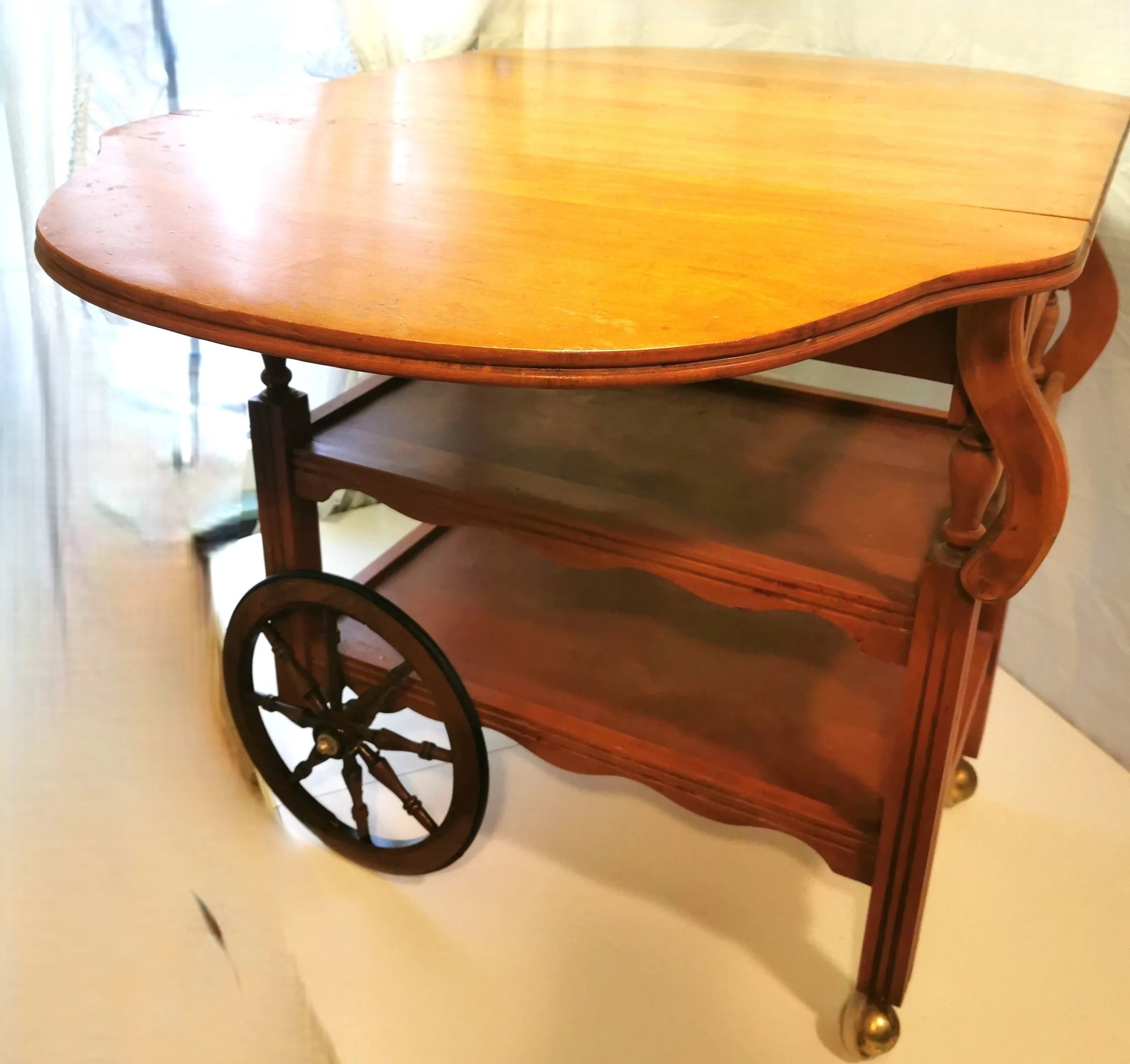 Tea Cart with Drop Leaves Handle for Pushing Vintage Hardwood thumbnail