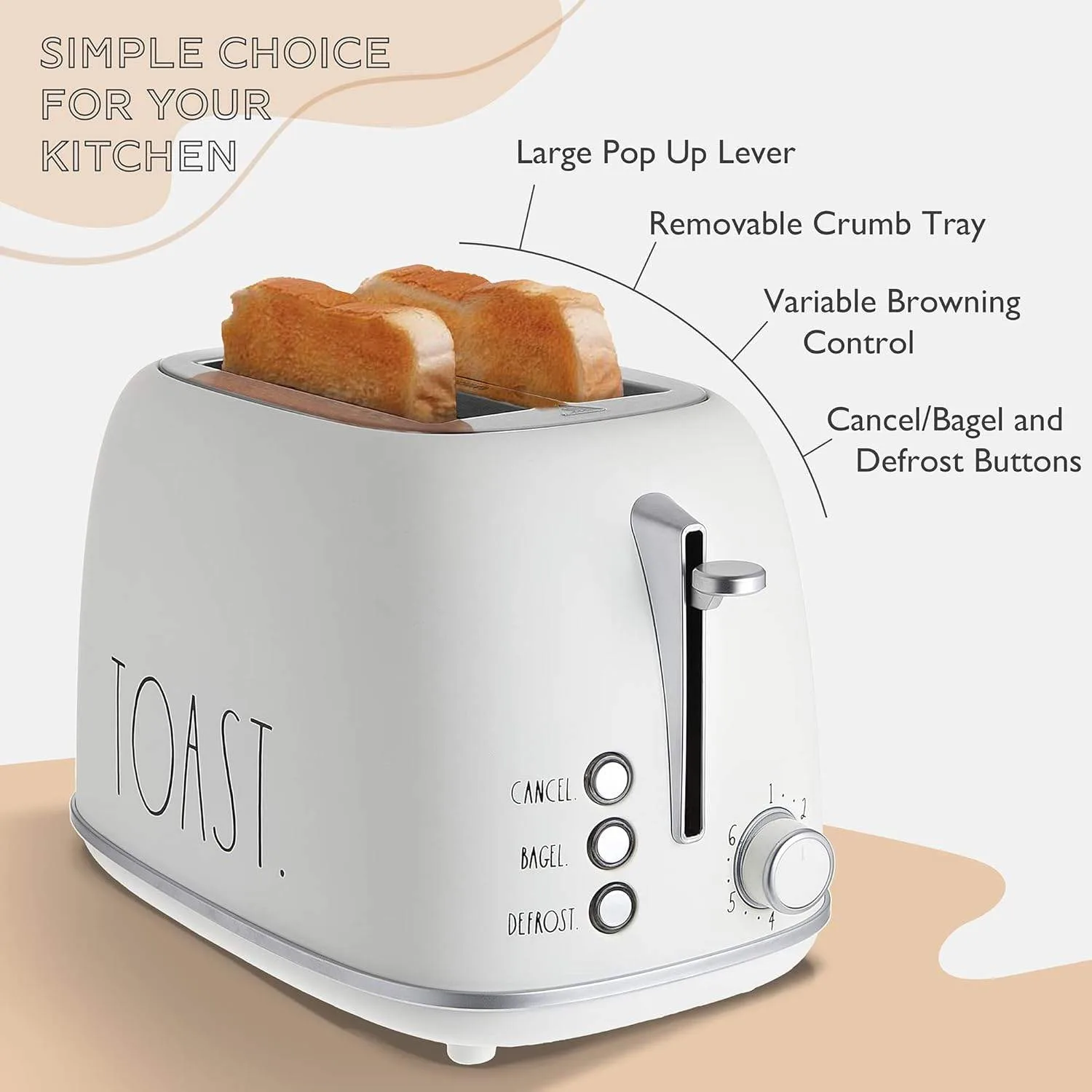 Rae Dunn Retro 2-Slice Toaster, Wide Slot, 6 Browning Levels image indicator(3)