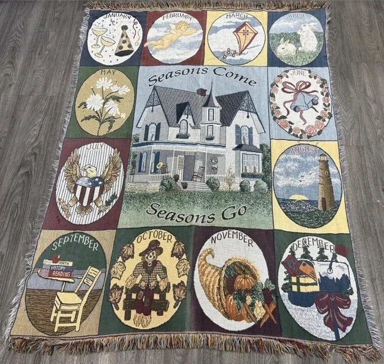 RARE VINTAGE “SEASONS COME, SEASONS GO” WOVEN TAPESTRY THROW thumbnail