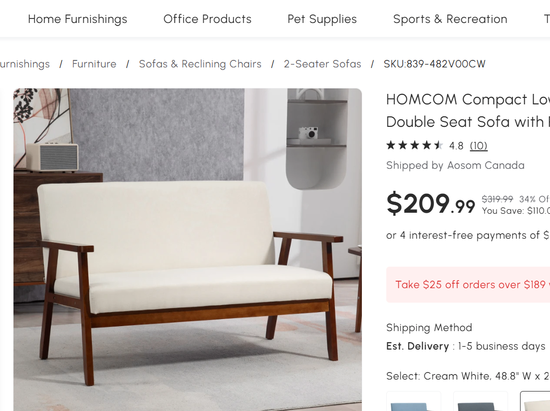 New-HOMCOM Compact Loveseat Sofa Couch- Cream White