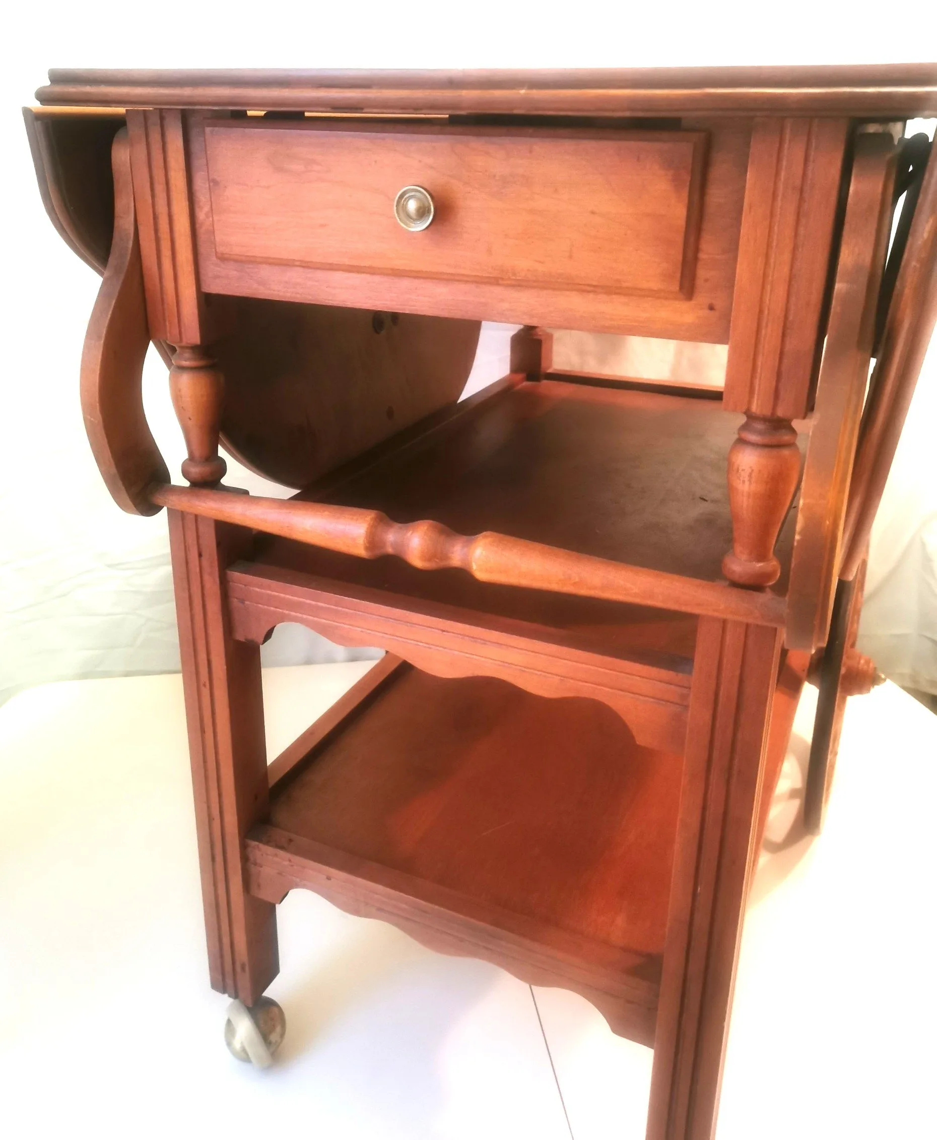Tea Cart with Drop Leaves Handle for Pushing Vintage Hardwood image indicator(9)