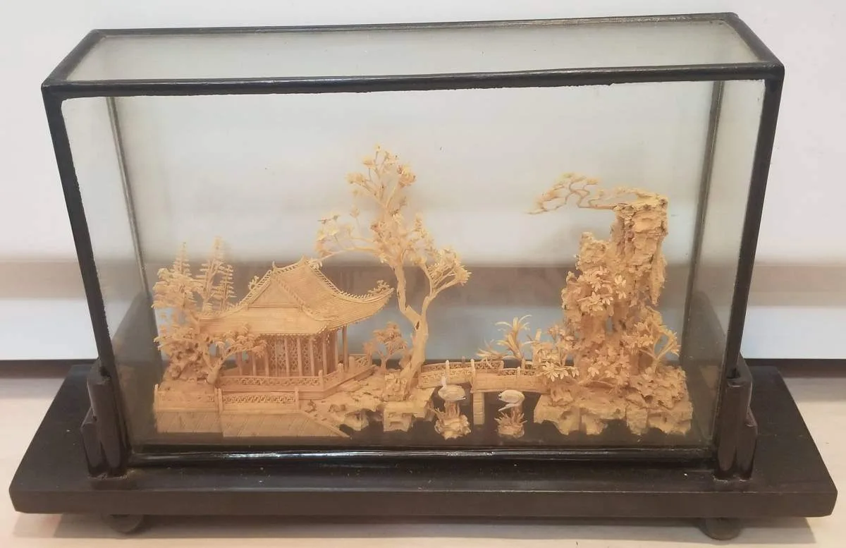 Vintage Chinese Cork Carving Diorama in Glass Display - MCM thumbnail