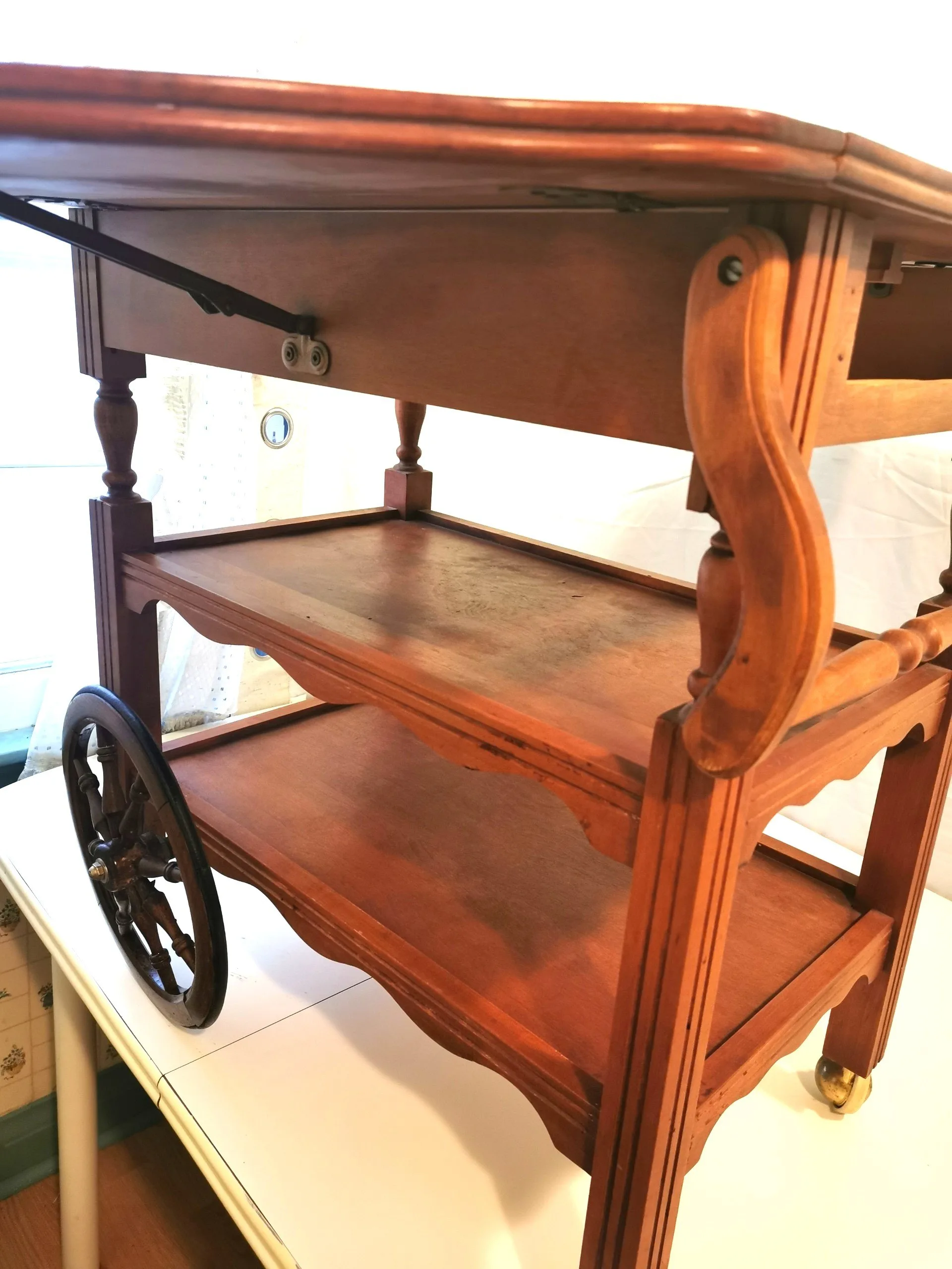 Tea Cart with Drop Leaves Handle for Pushing Vintage Hardwood image indicator(2)