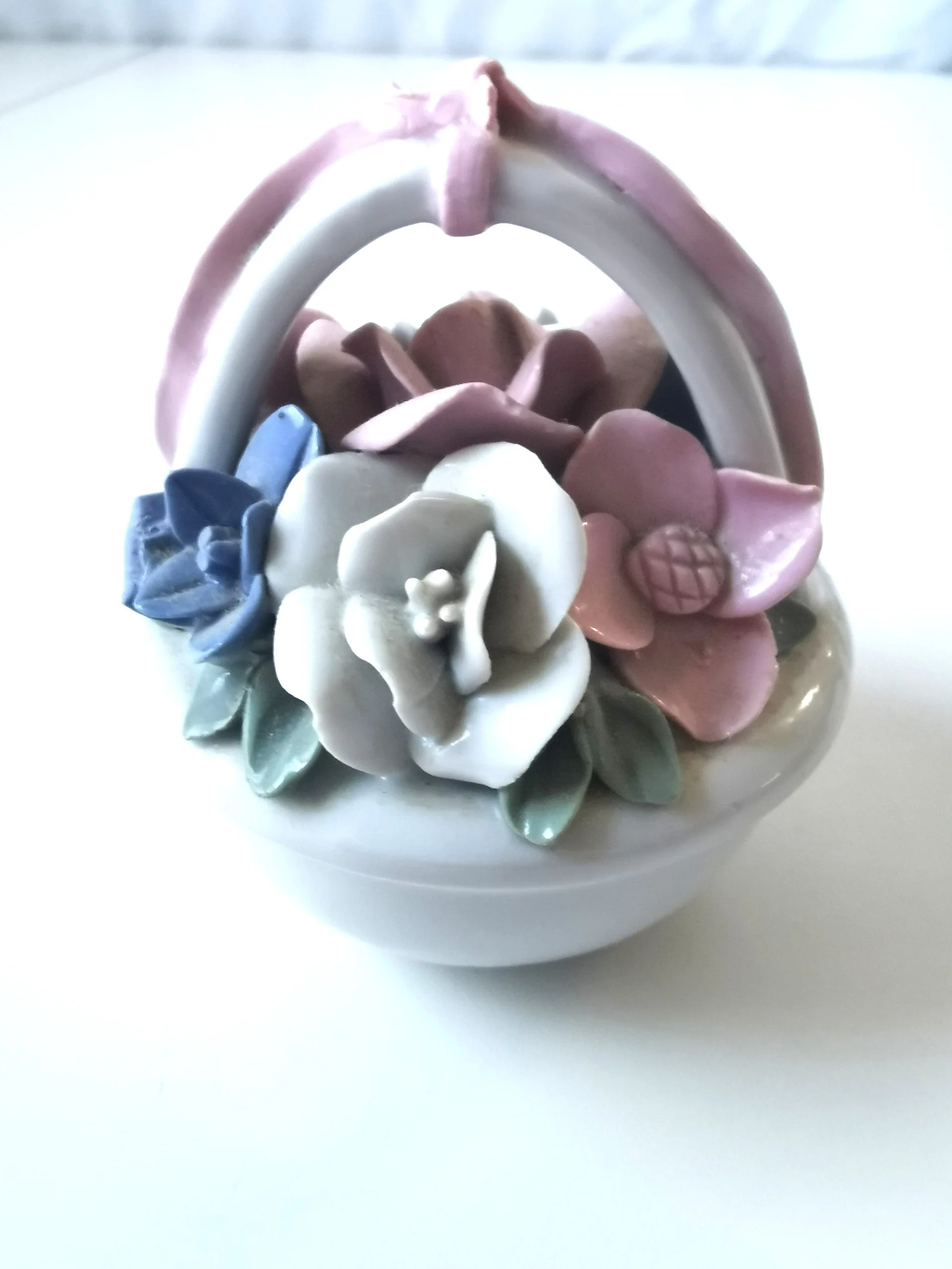 Small Vintage Porcelain Flower Basket Pink Blue White Flowers thumbnail