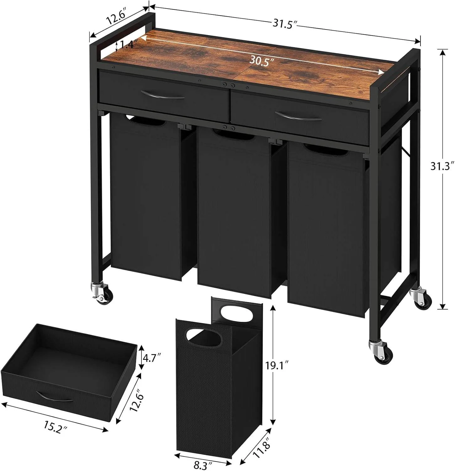 3-Compartment Laundry Hamper with Wheels – 80L x 32W x 79.5H cm image indicator(6)