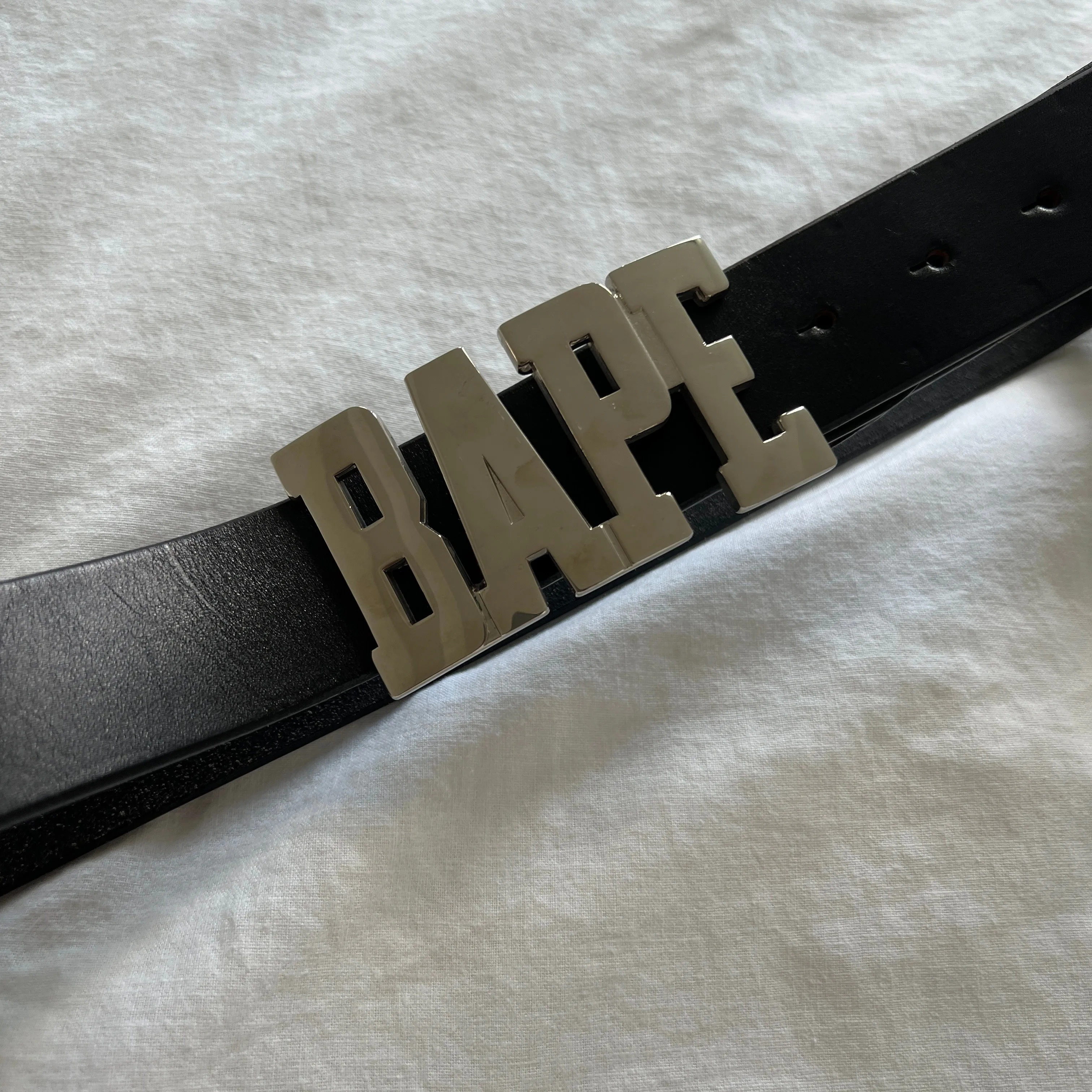 BAPE Silver Belt Buckle with Black Leather Belt - Made in Japan thumbnail