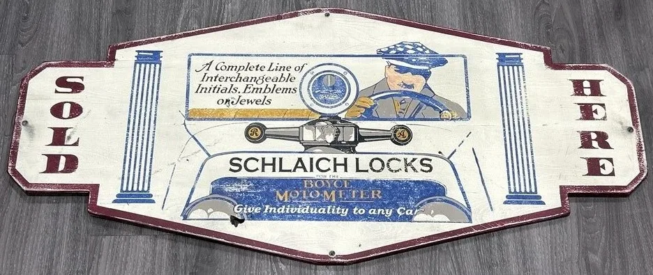 Large Vintage Wooden Schlaich Locks Car Dealership Sign 46”x21” thumbnail