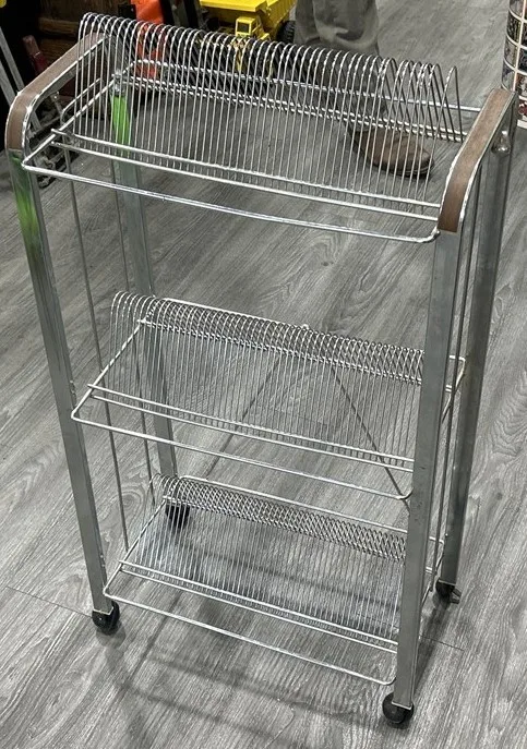 VINTAGE CHROME & WOOD RECORD STAND ON WHEELS 3-TIER STORAGE thumbnail