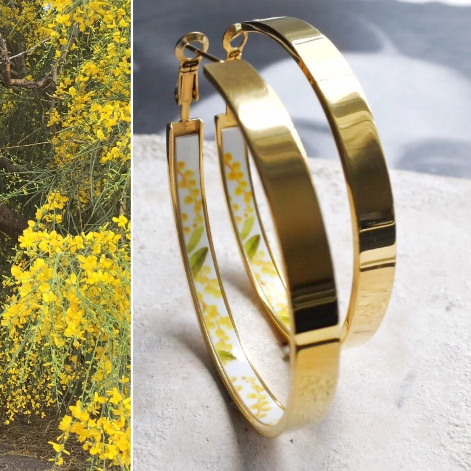 2 inch  Atrio MIMOSA Yellow Flowers Portugal Hoop Earrings thumbnail