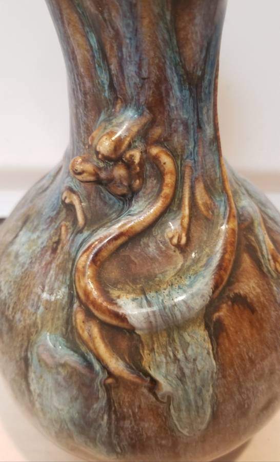Vintage Chinese Dragon Vase – Applied Relief, Drip Glaze, 10.5"