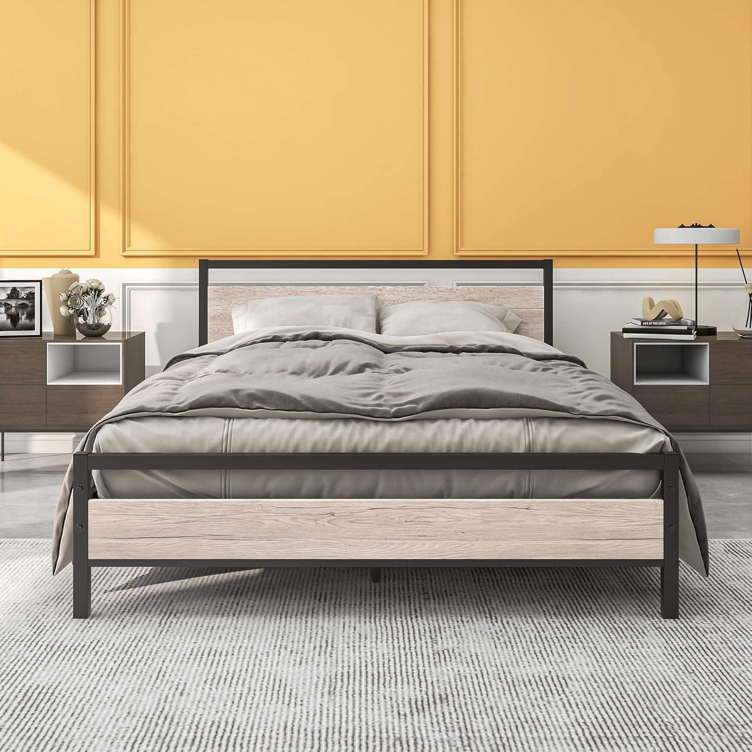 Queen Bed Frame w/ Wood Headboard, Farmhouse Style