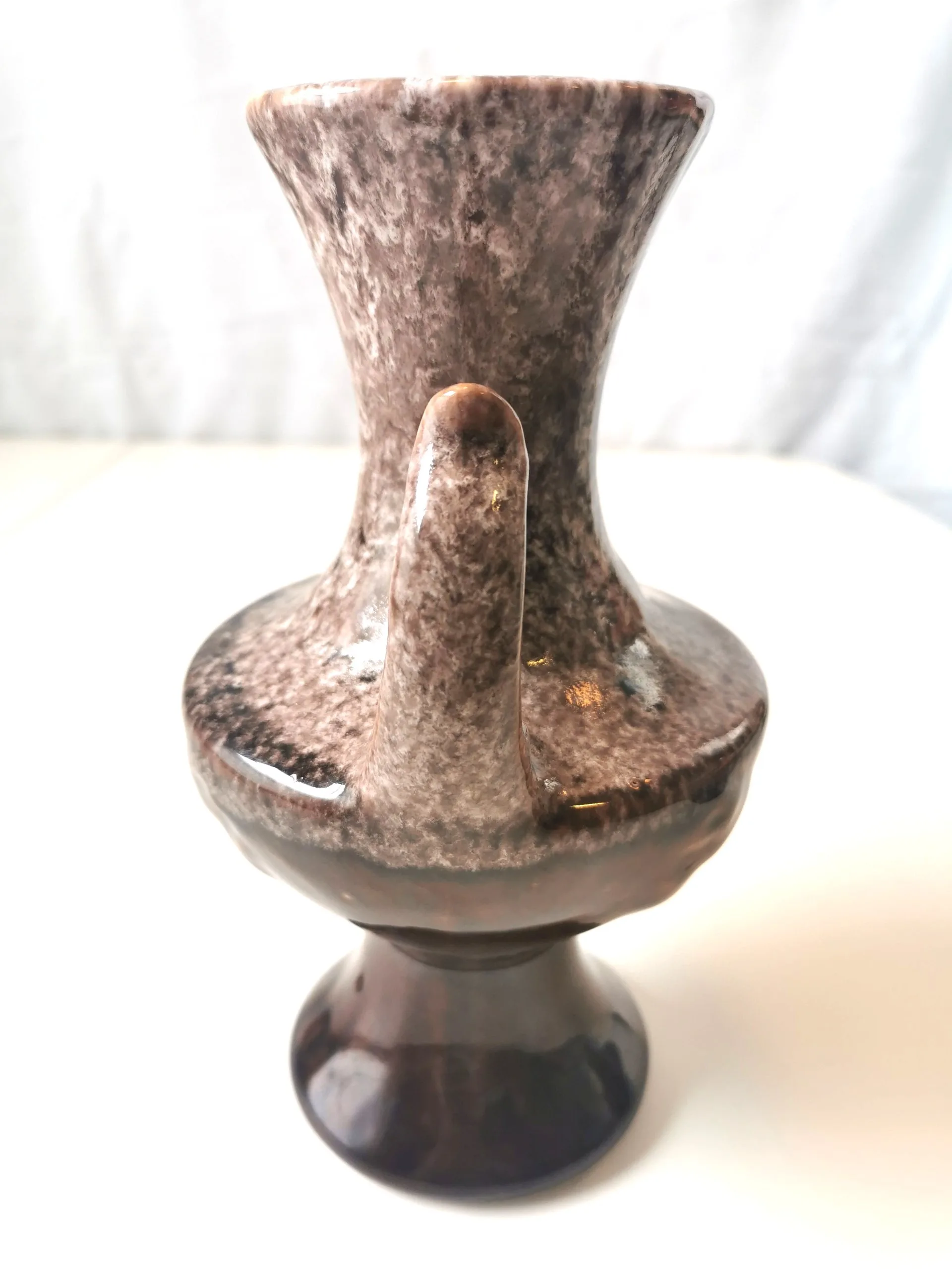 Vase Ceramic Brown Wite Drip Glaze MCM Ornate Double Handle 1960 image indicator(2)