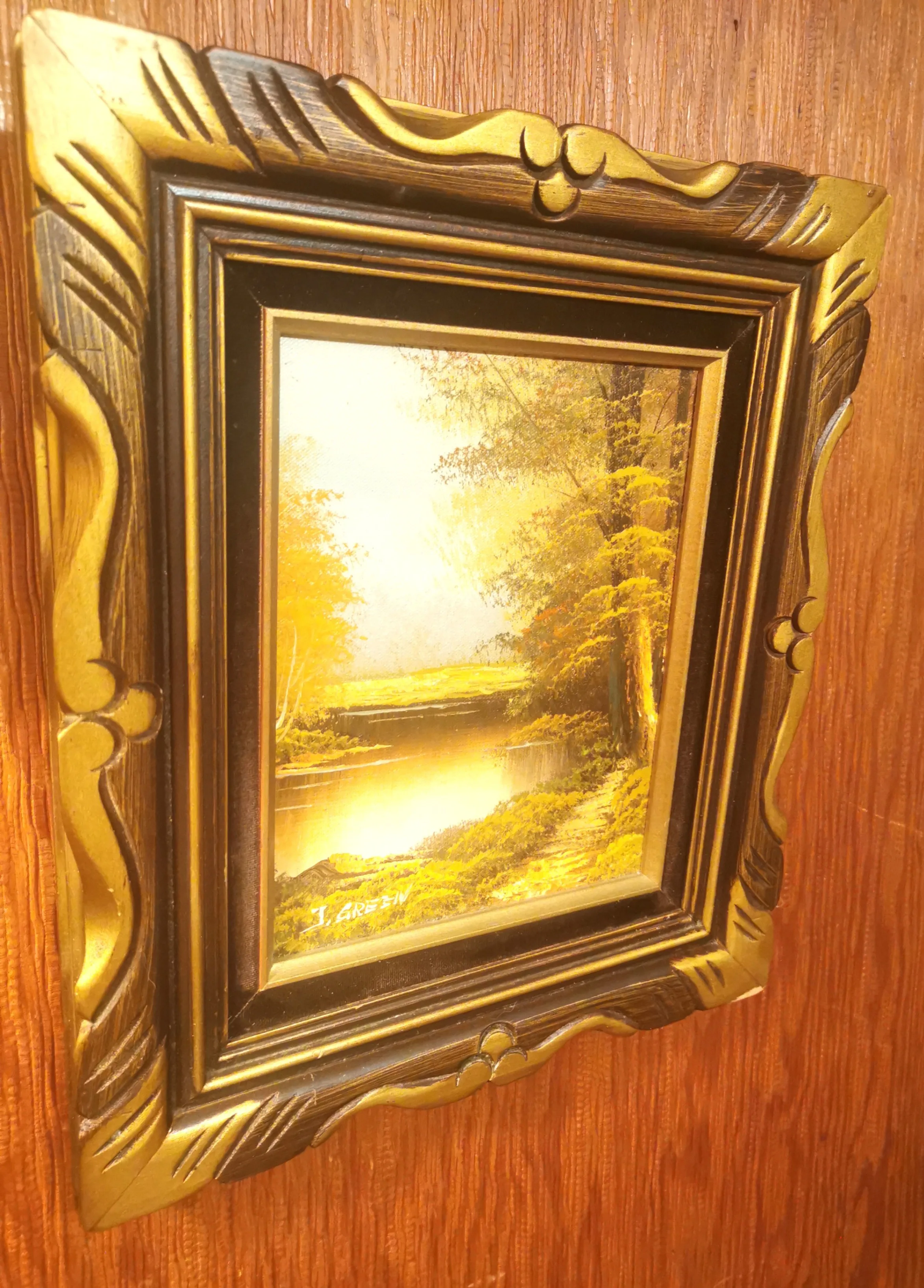 Oil Painting Signed J Green Guilded Wood Frame Black Velvet Trim image indicator(8)
