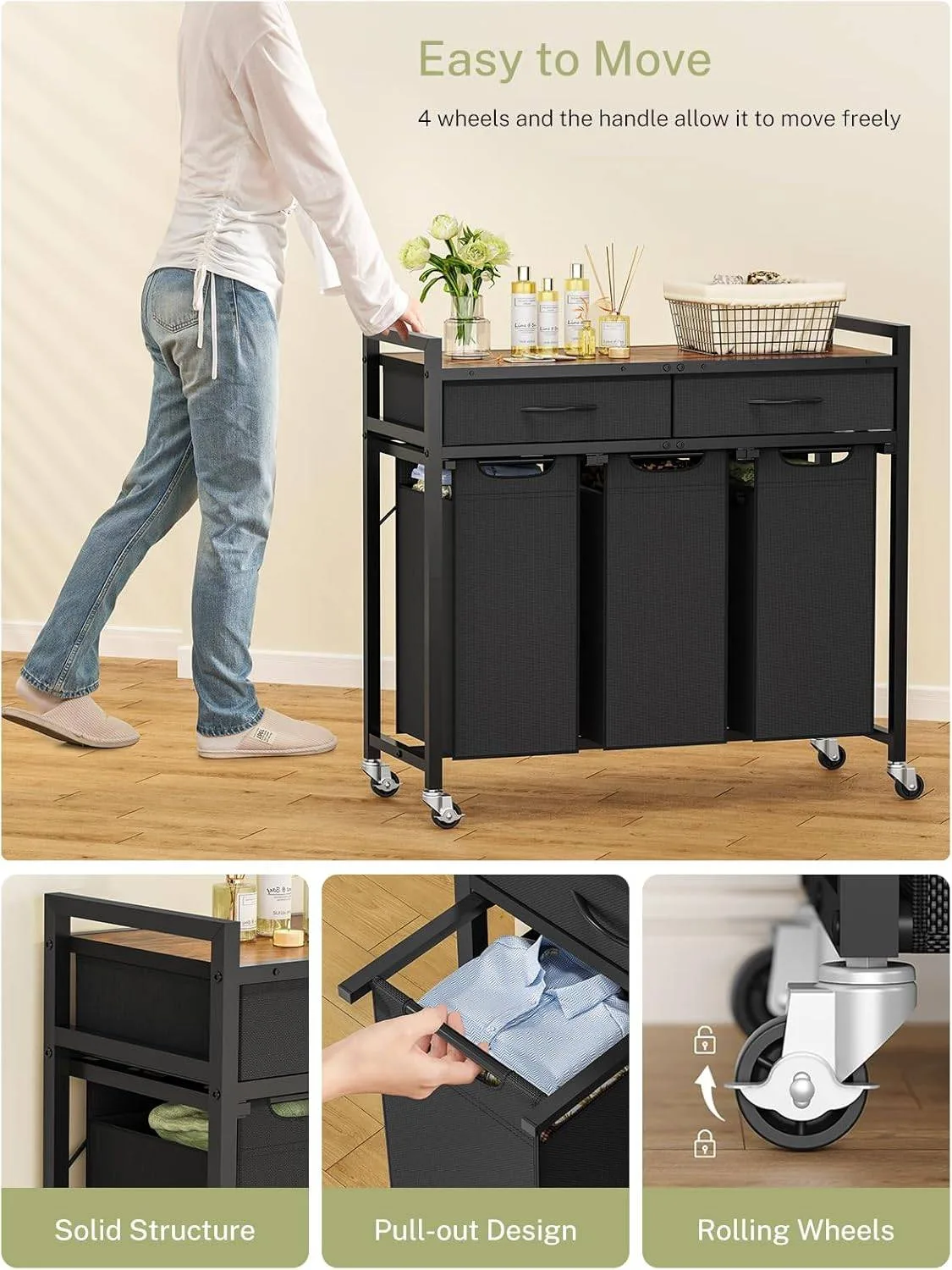 3-Compartment Laundry Hamper with Wheels – 80L x 32W x 79.5H cm image indicator(4)