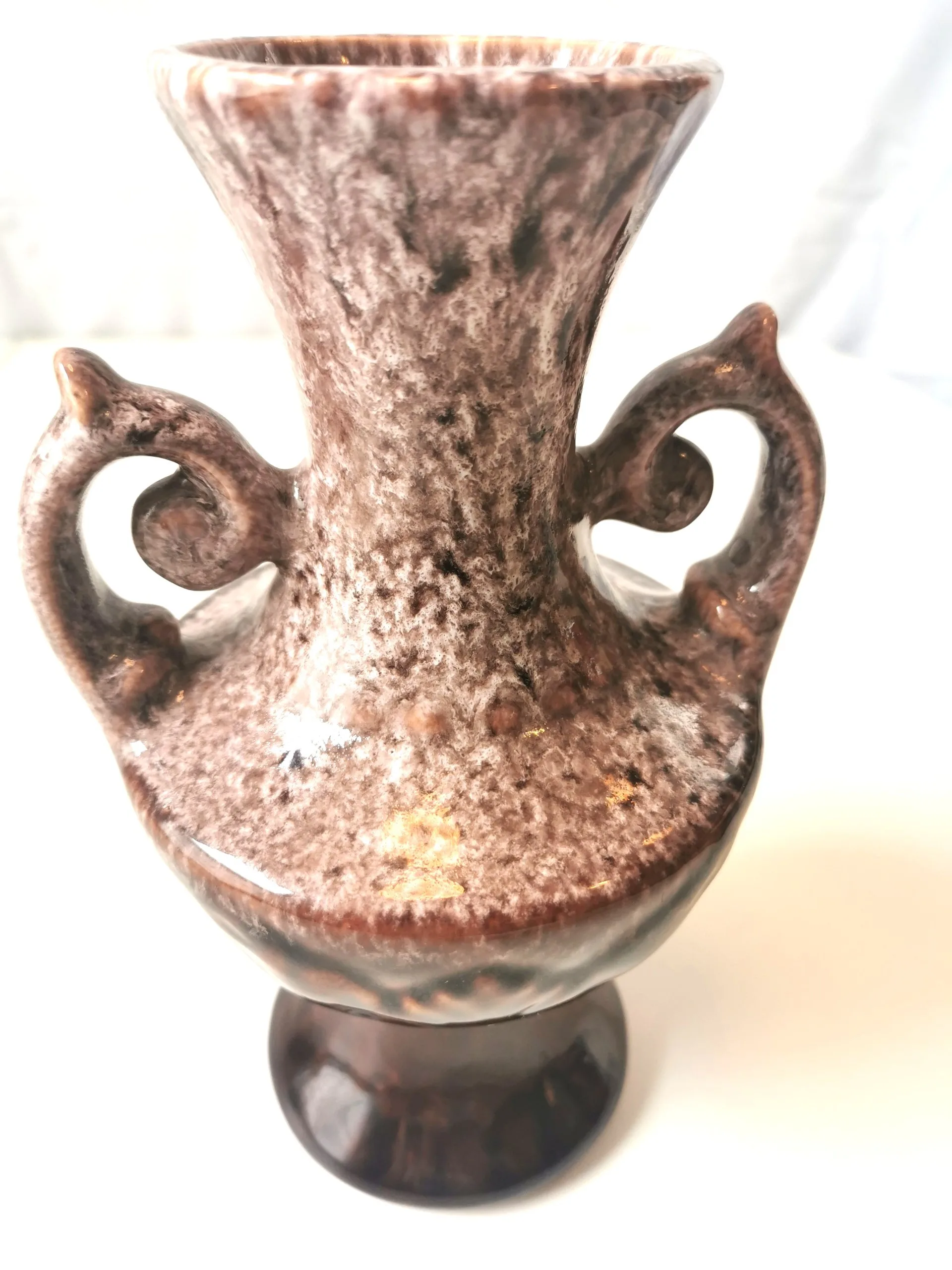 Vase Ceramic Brown Wite Drip Glaze MCM Ornate Double Handle 1960 image indicator(8)