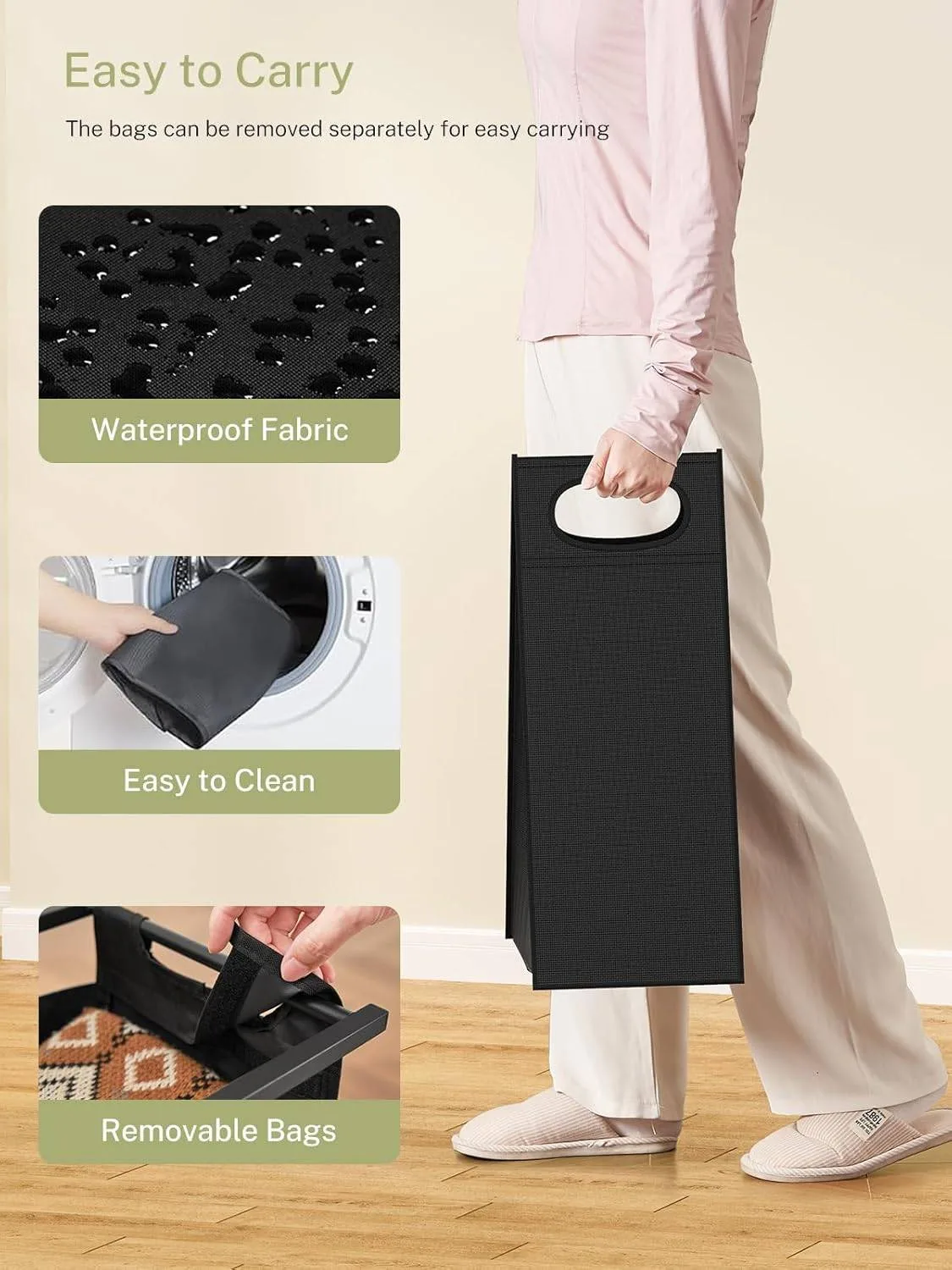 3-Compartment Laundry Hamper with Wheels – 80L x 32W x 79.5H cm image indicator(3)