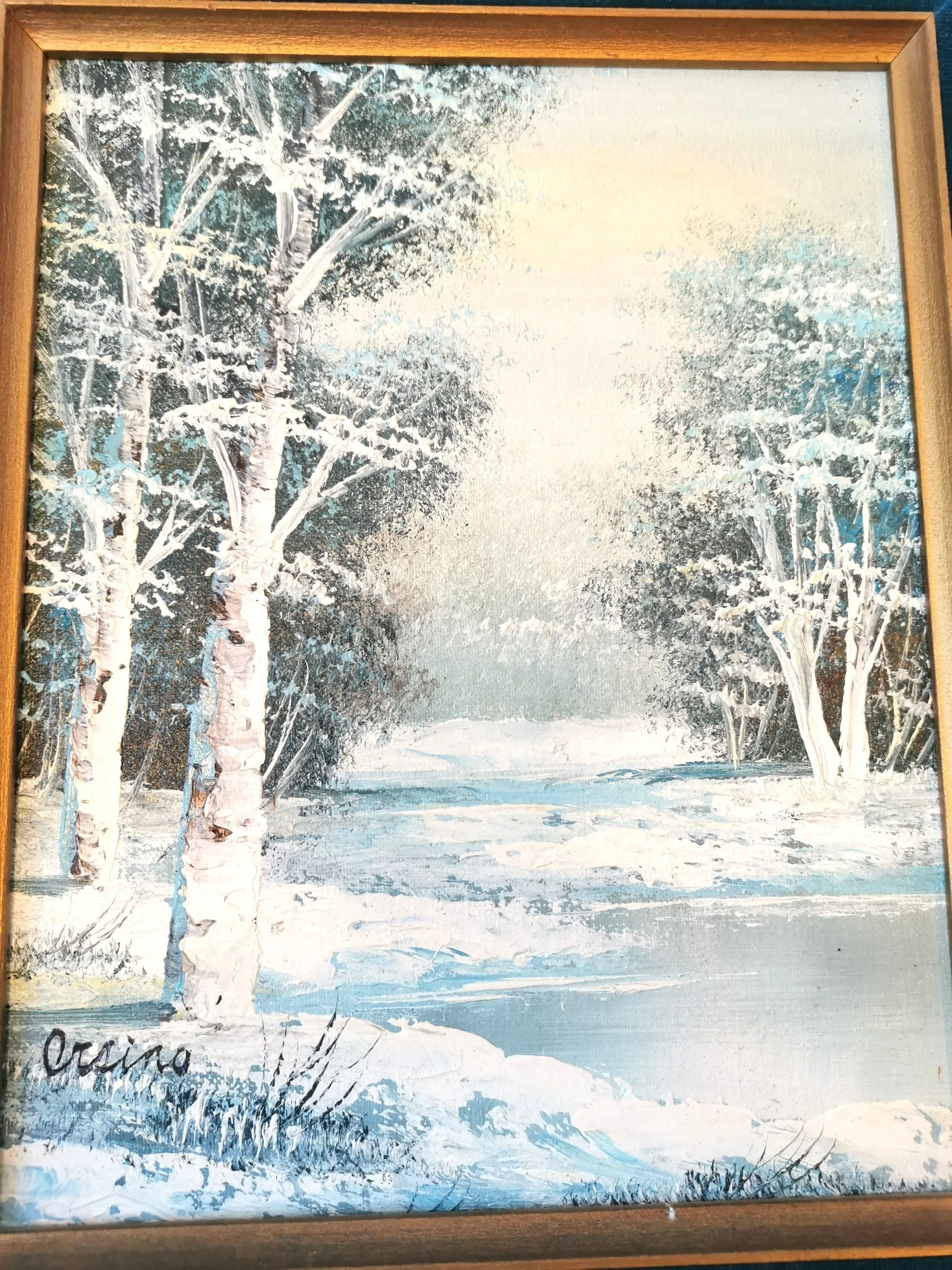 Vintage Signed Winter Landscape Oil Painting Ornate Gilded Frame image indicator(3)