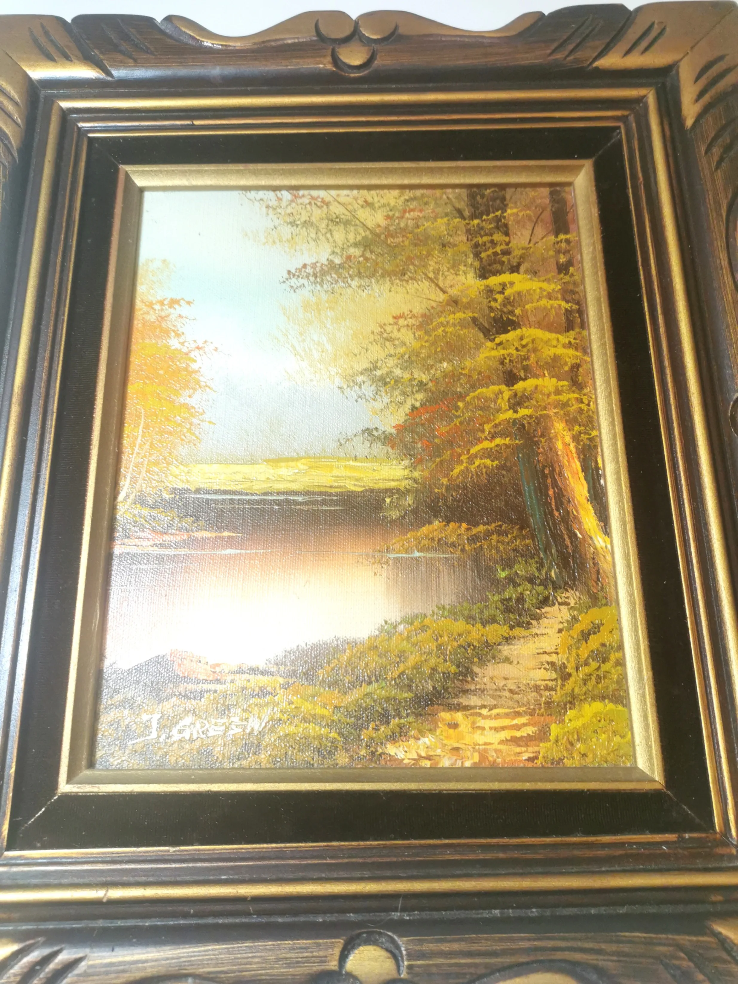 Oil Painting Signed J Green Guilded Wood Frame Black Velvet Trim image indicator(6)