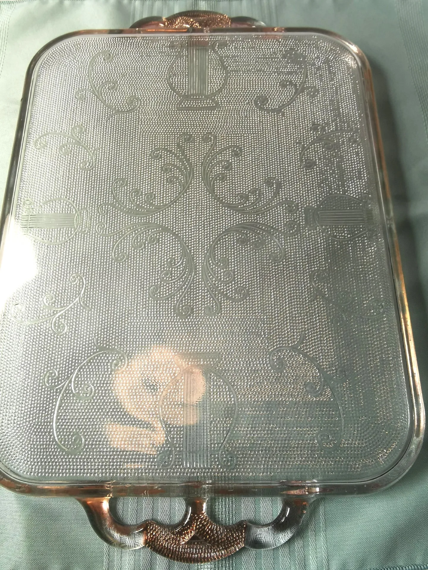 Jeannette Glass Tray Harp Texture Pressed Glass Gold Tinted Trim image indicator(8)