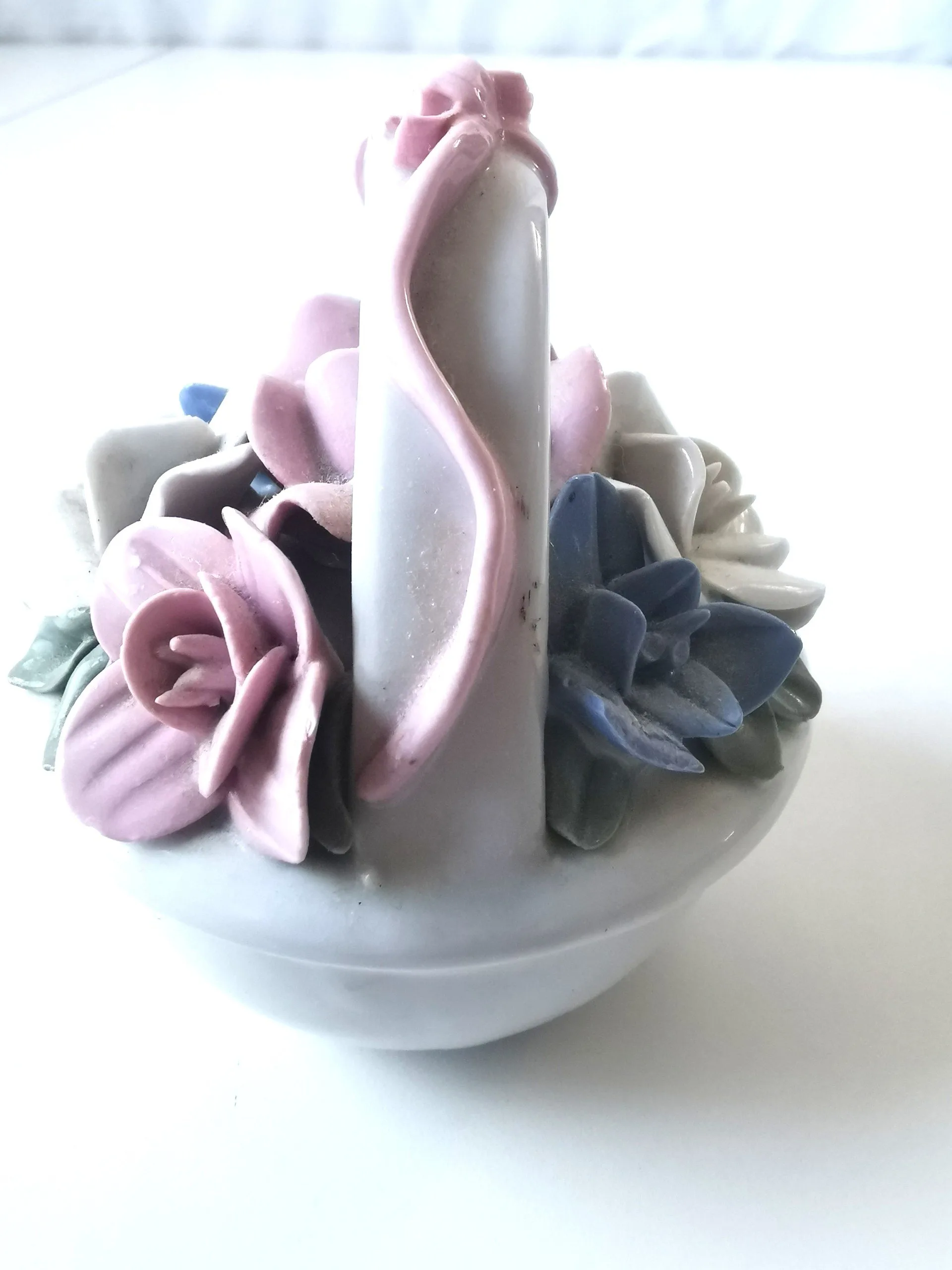 Small Vintage Porcelain Flower Basket Pink Blue White Flowers image indicator(4)