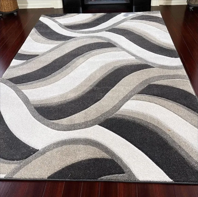 Modern Abstract Wavy Rug (Grey, Black, White) - Large 79" x 113" image indicator(2)