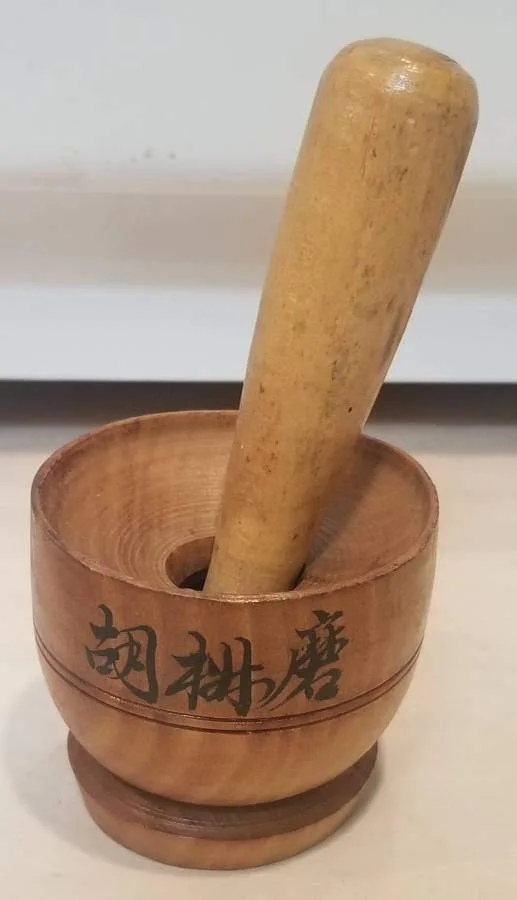 Vintage Wooden Mortar & Pestle with Hand-Painted Script – 2.5" thumbnail