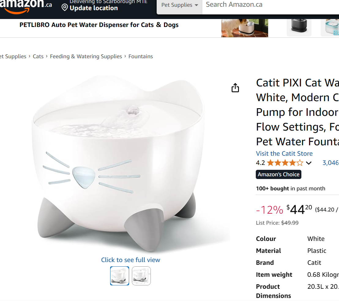 Catit PIXI Cat Water Fountain, 2.5 L, White, Moder