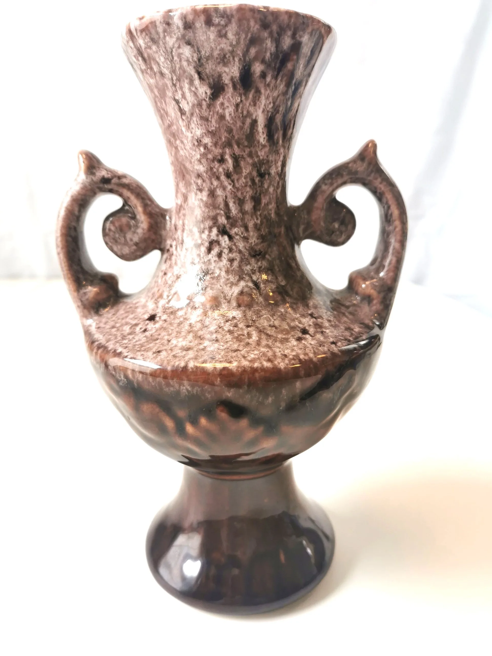 Vase Ceramic Brown Wite Drip Glaze MCM Ornate Double Handle 1960 image indicator(4)