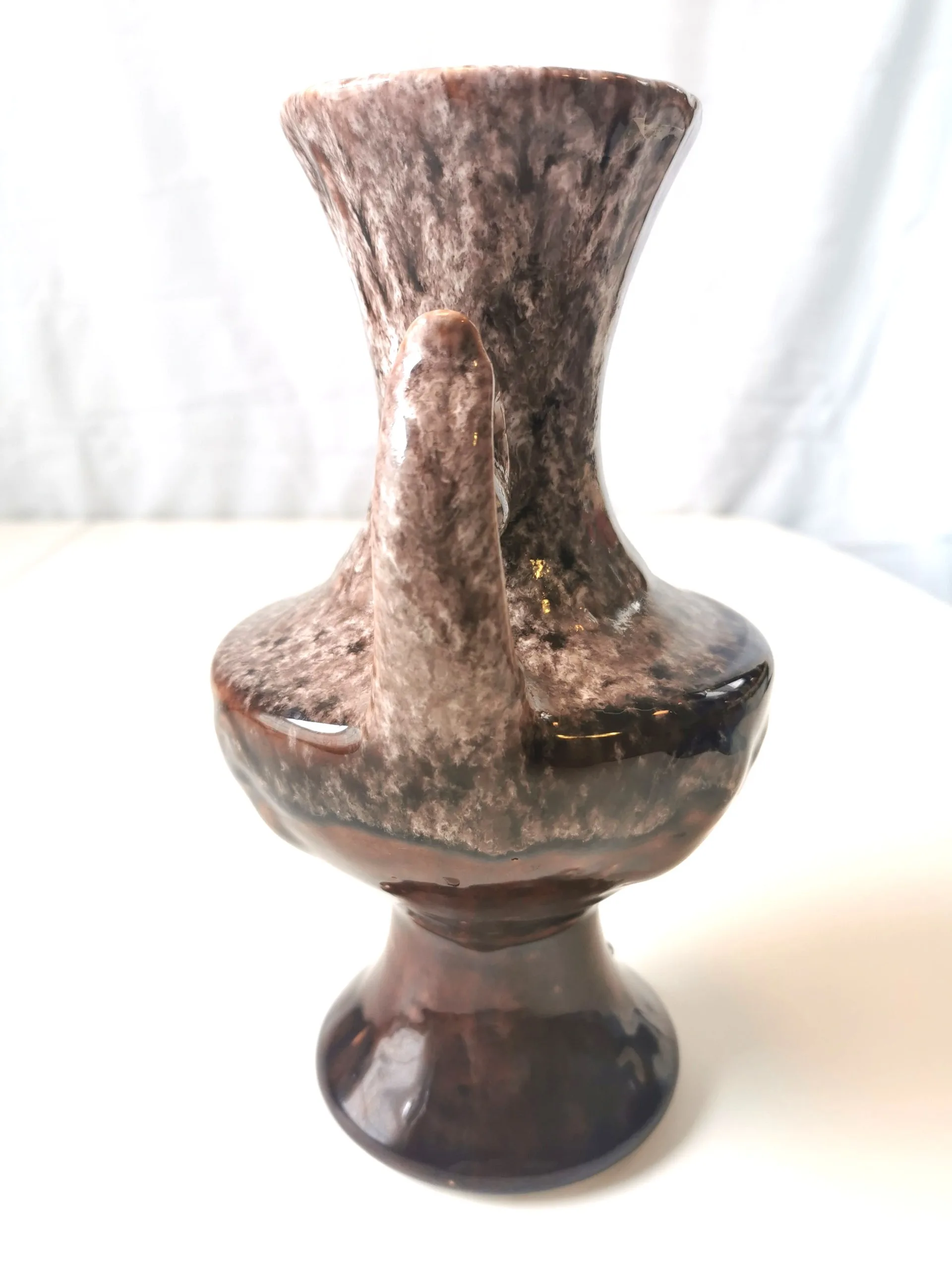 Vase Ceramic Brown Wite Drip Glaze MCM Ornate Double Handle 1960 image indicator(5)