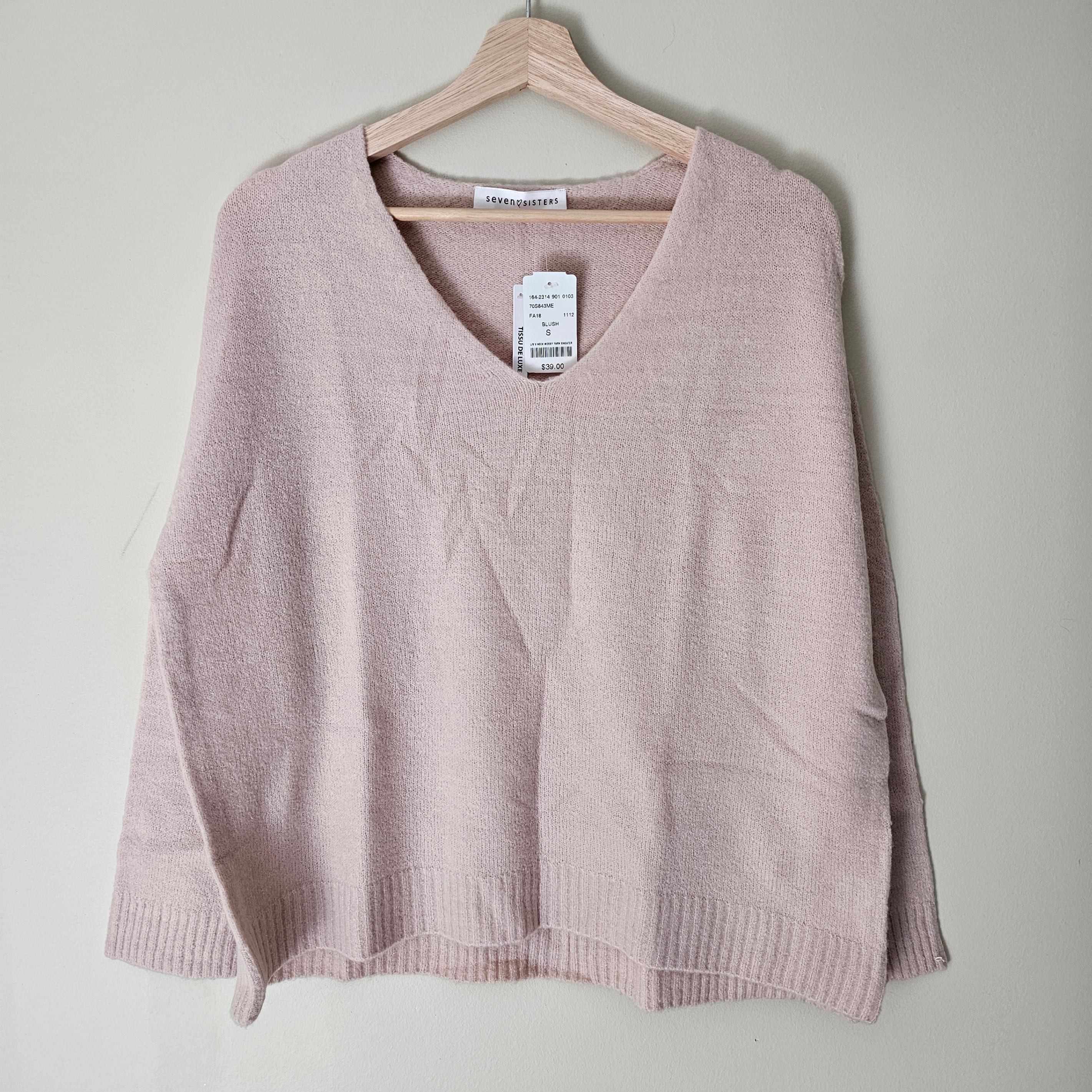 NWT Seven Sisters V-neck Mossy Yarn Sweater - 2018 - Blush - S
