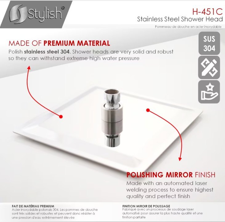 Square Shower Head Stainless Steel H-451C - photo 4