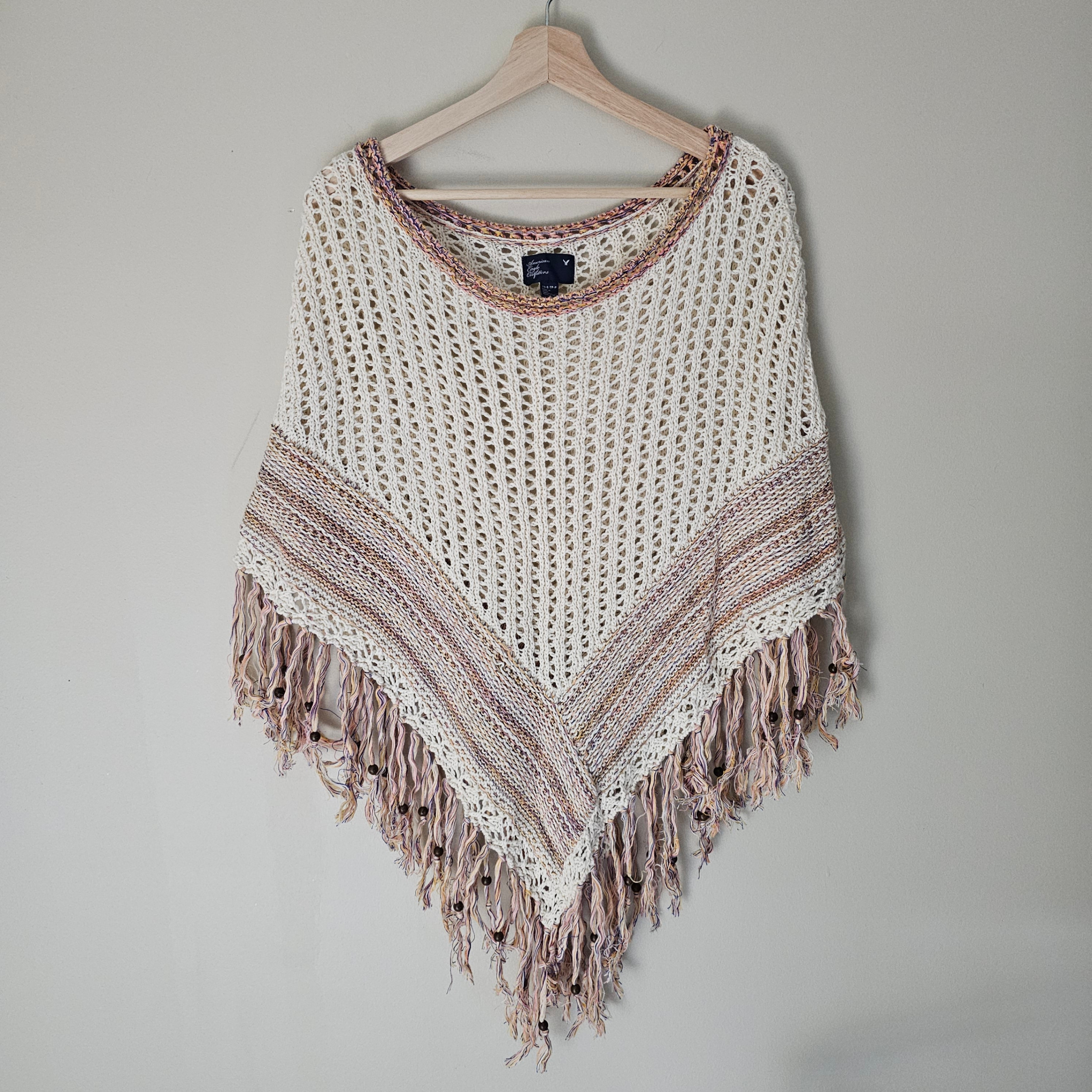 American Eagle Poncho - Cream w/ Pink/Yellow/Blue - Sz XS-S