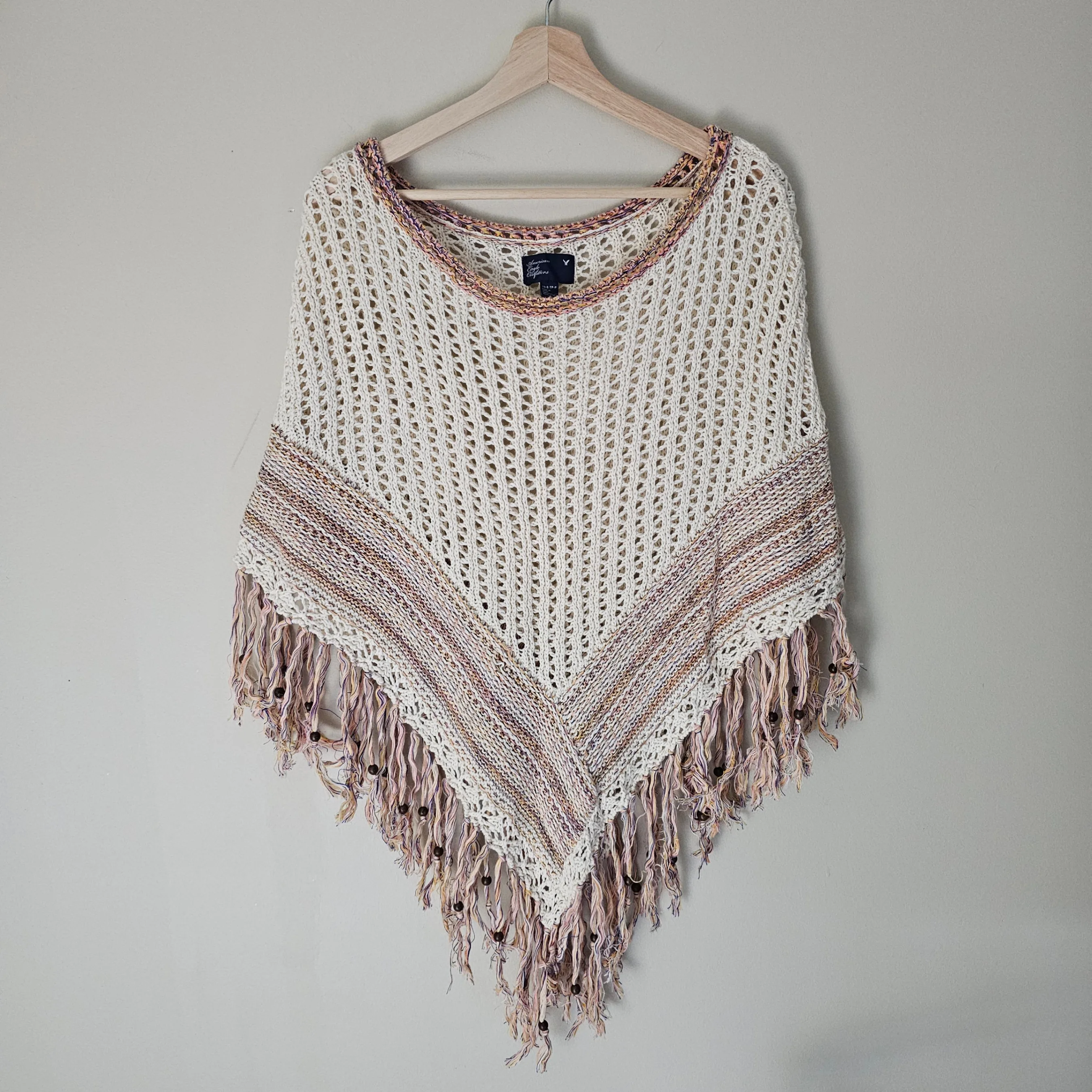 American Eagle Poncho - Cream w/ Pink/Yellow/Blue - Sz XS-S thumbnail