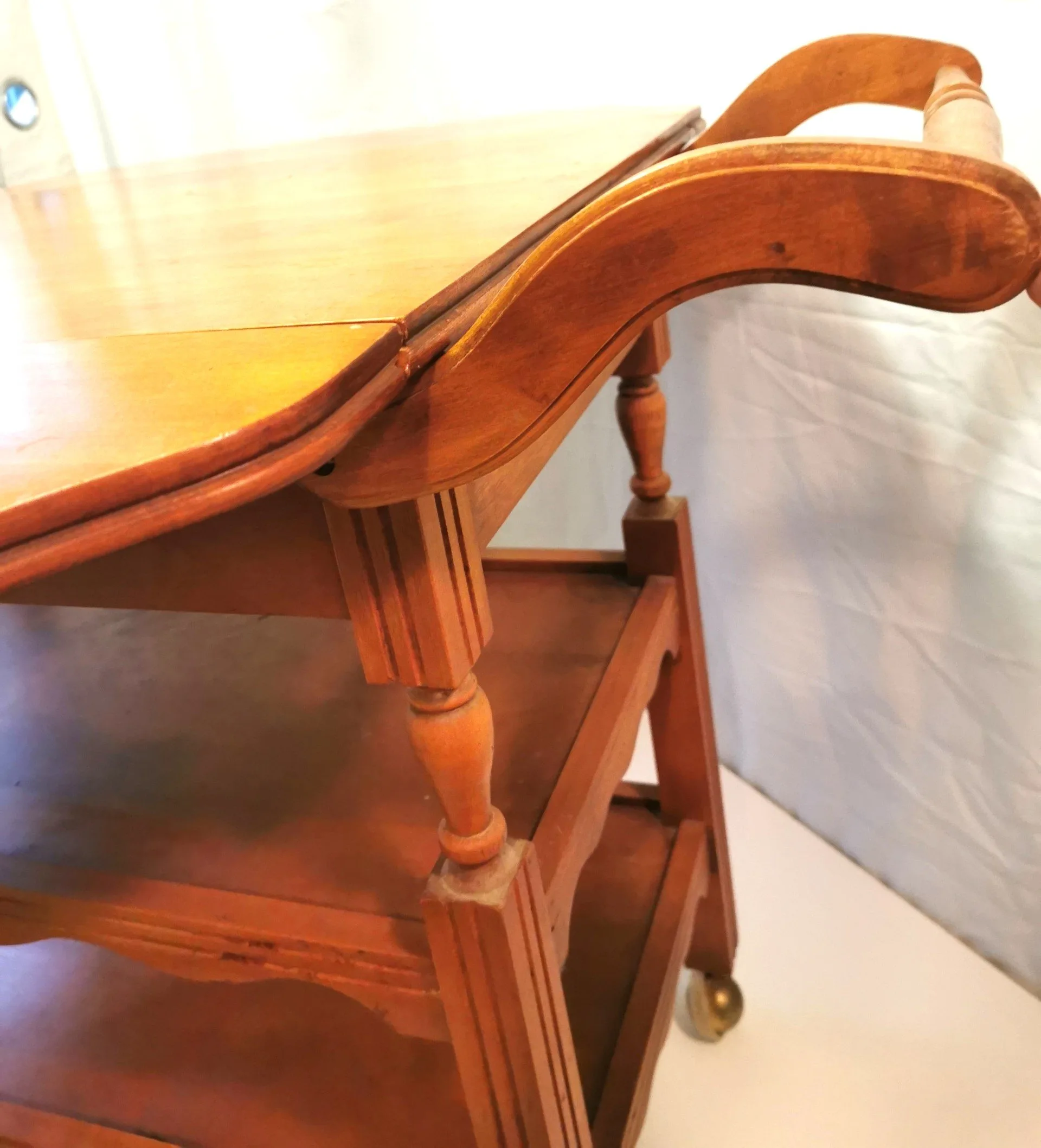 Tea Cart with Drop Leaves Handle for Pushing Vintage Hardwood image indicator(7)