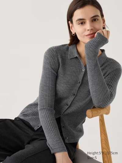 NWT Uniqlo Merino Wool Ribbed Polo Cardigan - Gray - Sz XS