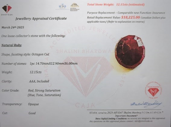 Certified 12.15 Carat Natural Ruby – Appraised $18,225