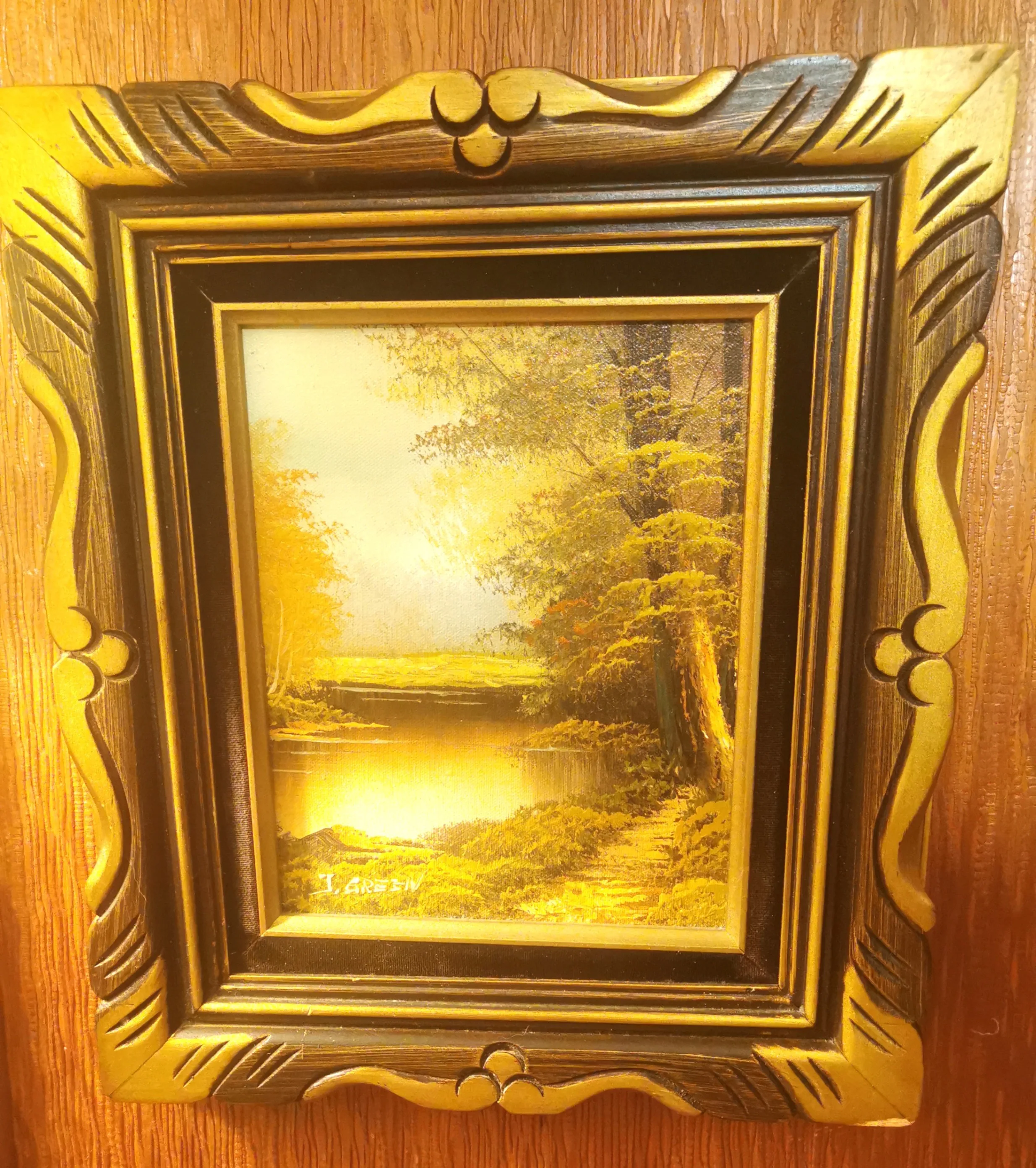 Oil Painting Signed J Green Guilded Wood Frame Black Velvet Trim image indicator(2)