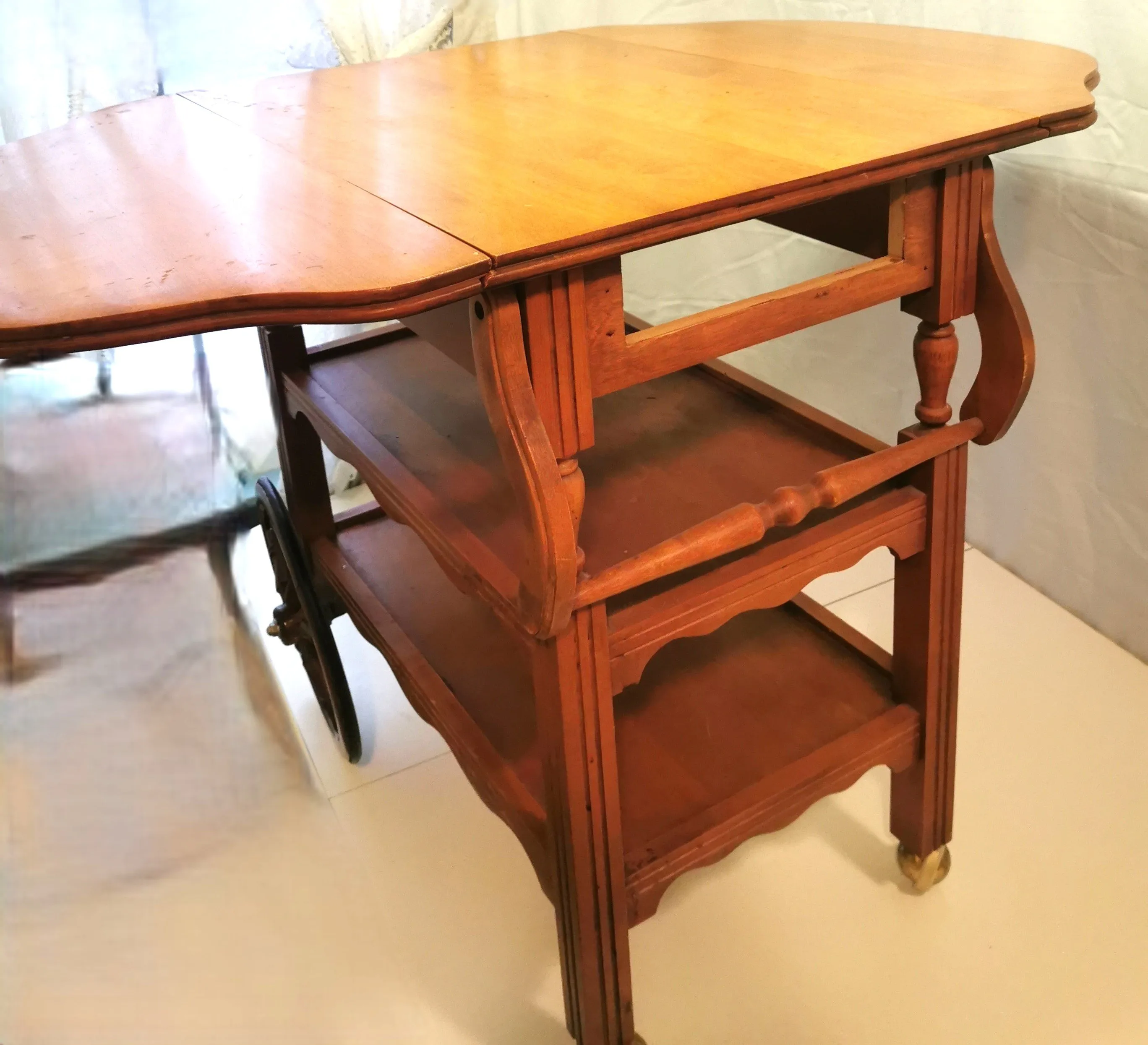Tea Cart with Drop Leaves Handle for Pushing Vintage Hardwood image indicator(4)